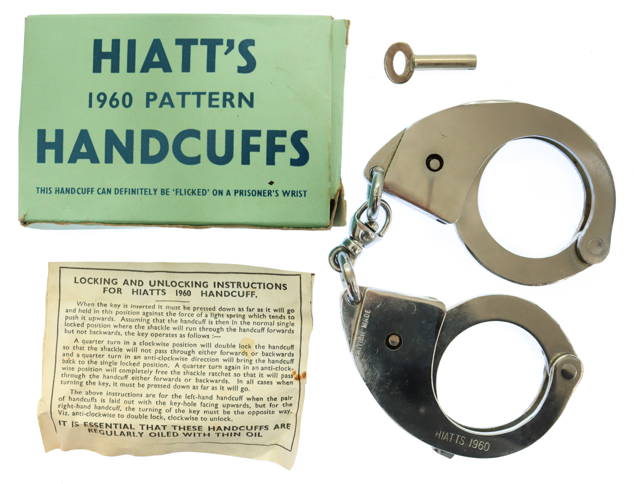 Hiatts 1960 Pattern Police Handcuffs with Key in Original Box 