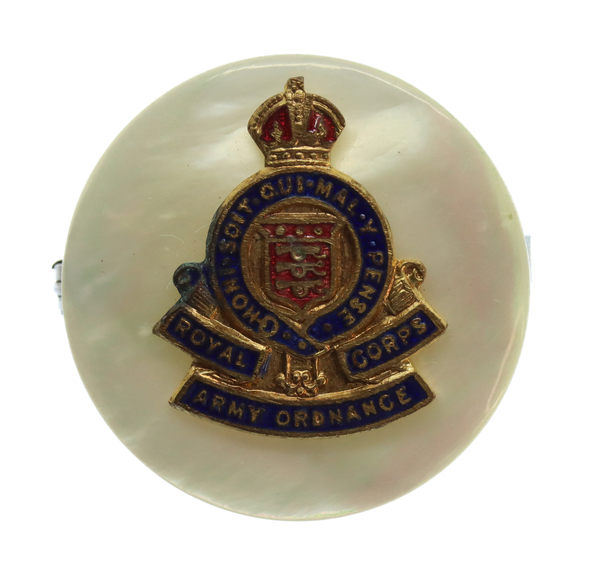 Royal Army Ordnance Corps (R.A.O.C.) Mother of Pearl Sweetheart Brooch - King's Crown