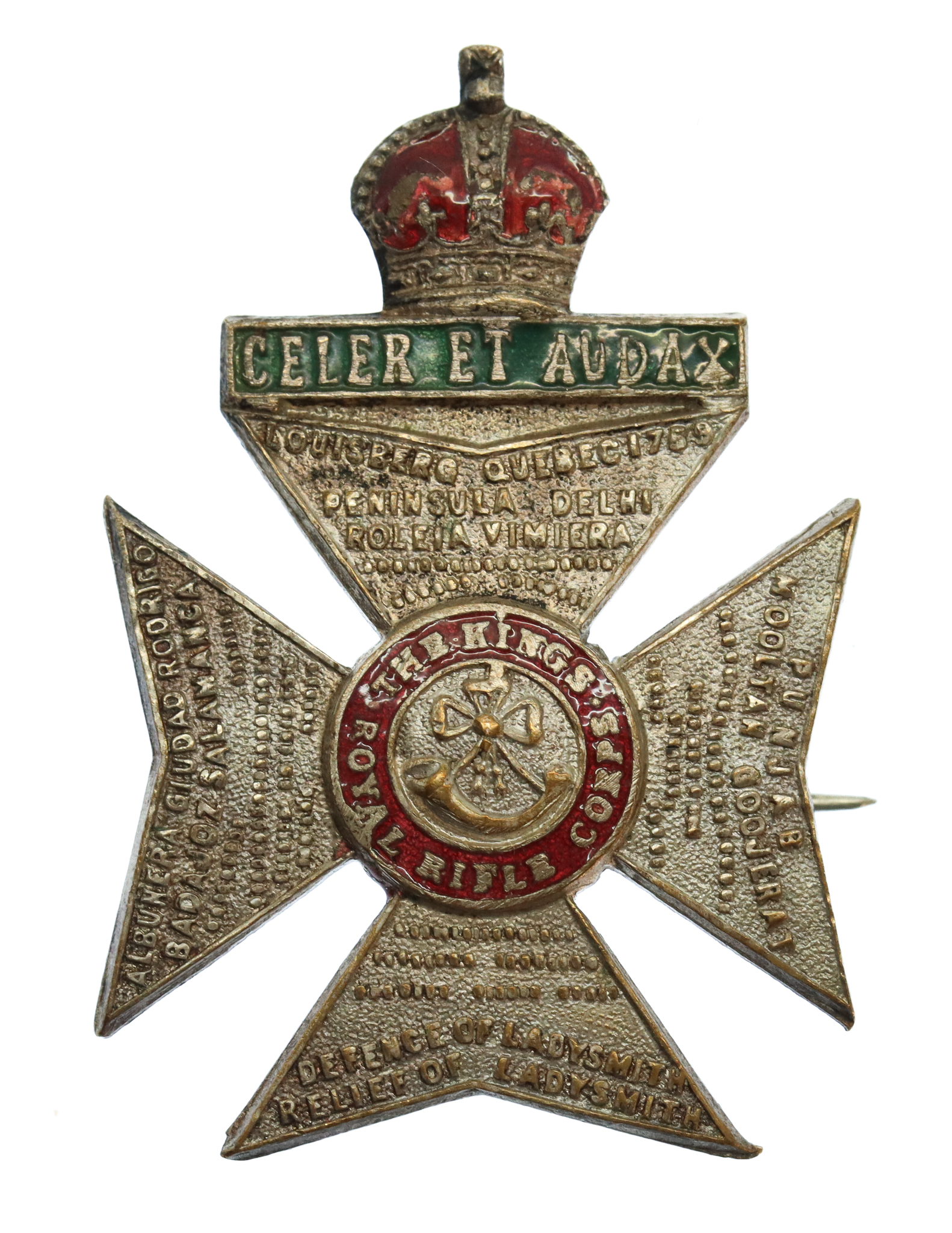 King's Royal Rifle Corps (K.R.R.C.) Enamelled Sweetheart Brooch - King's Crown