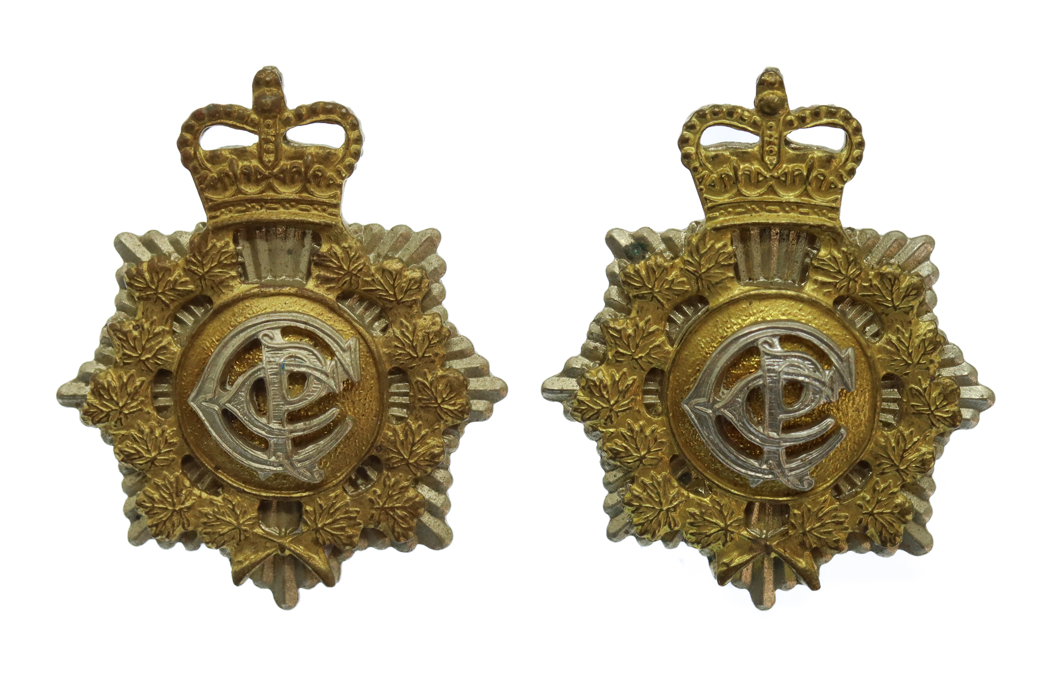 Pair of Canadian Postal Corps Bi-Metal Collar Badges - Queen's Crown