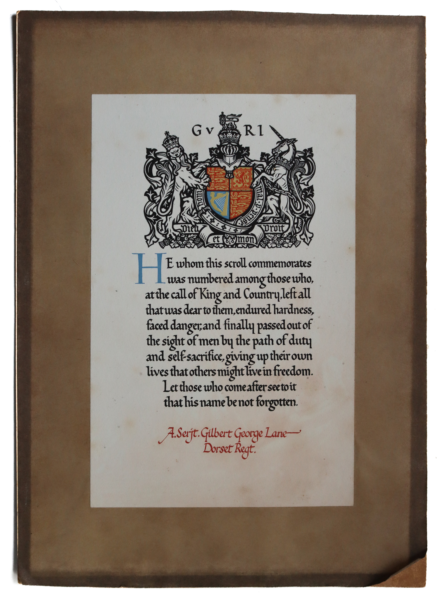WW1 Memorial Scroll - Serjt. Gilbert George Lane, 5th Bn. Dorsetshire Regiment - K.I.A. 26/9/16