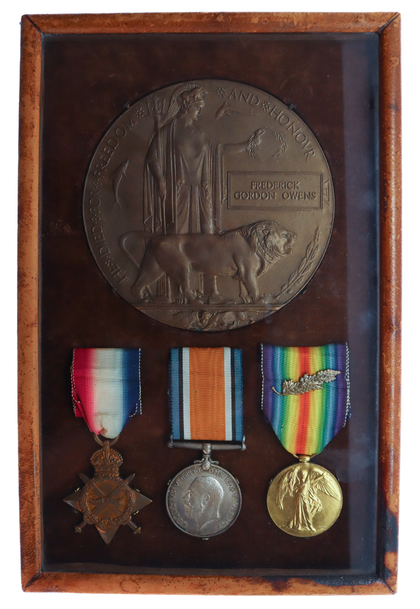 WW1 Twice Mentioned in Despatches 1914-15 Star Medal Trio and Memorial Plaque - Major F.G. Owens, Liverpool Regiment