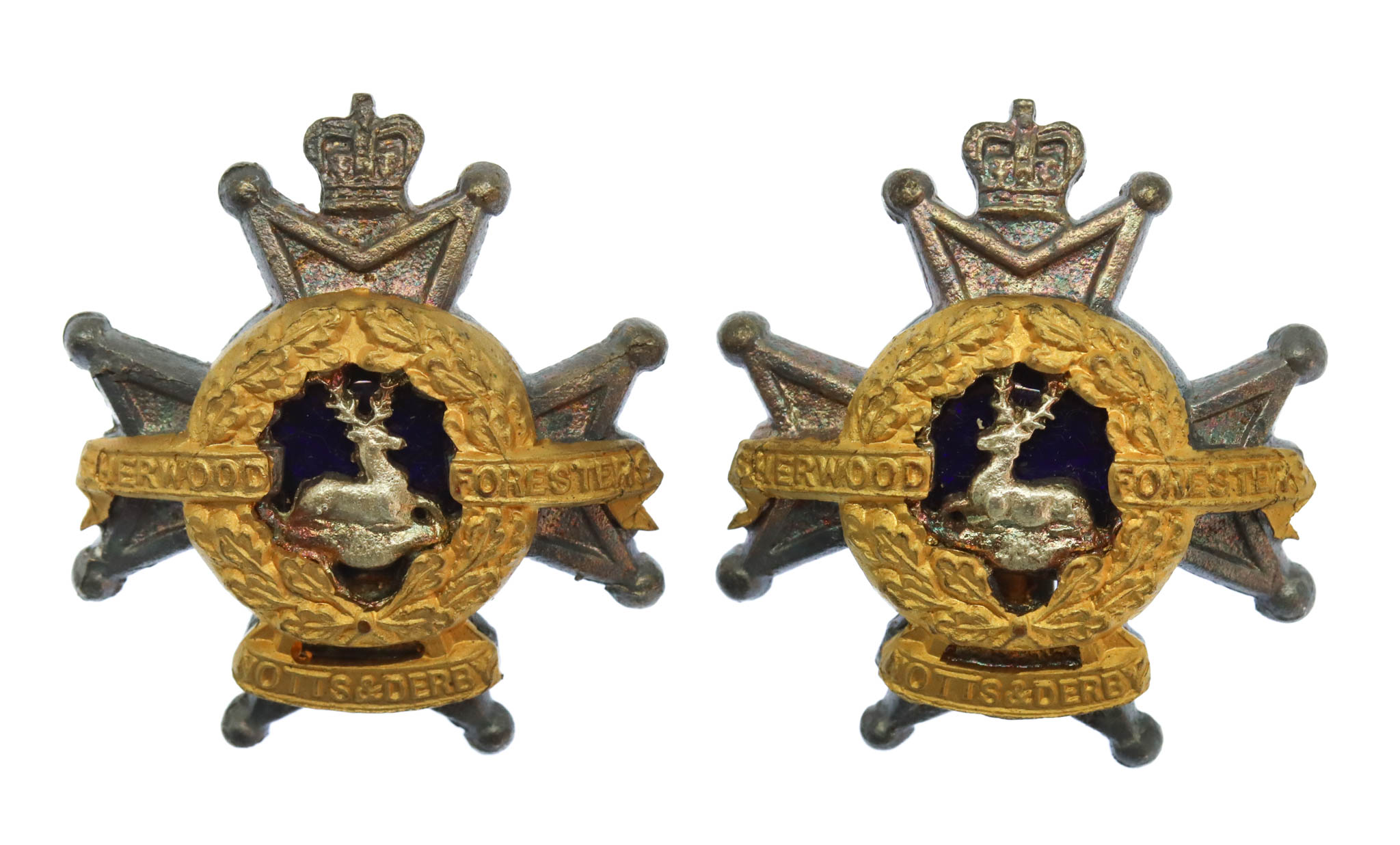 Pair of Notts & Derby Regiment (Sherwood Foresters) Officer's Silvered, Gilt & Enamel Collar Badges - Queen's Crown