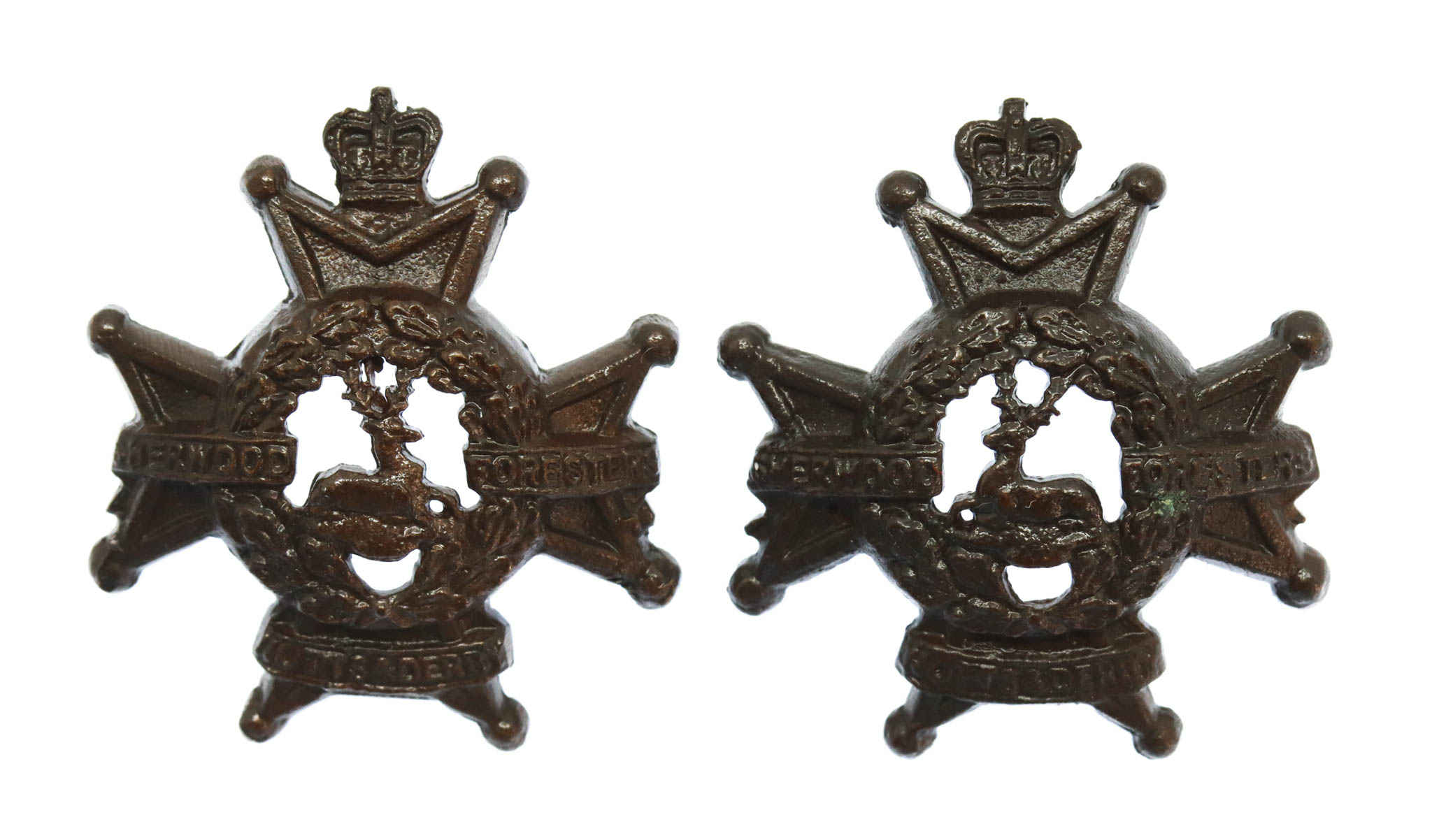Pair of Notts & Derby Regiment (Sherwood Foresters) Officer's Service Dress Collar Badges - Queen's Crown