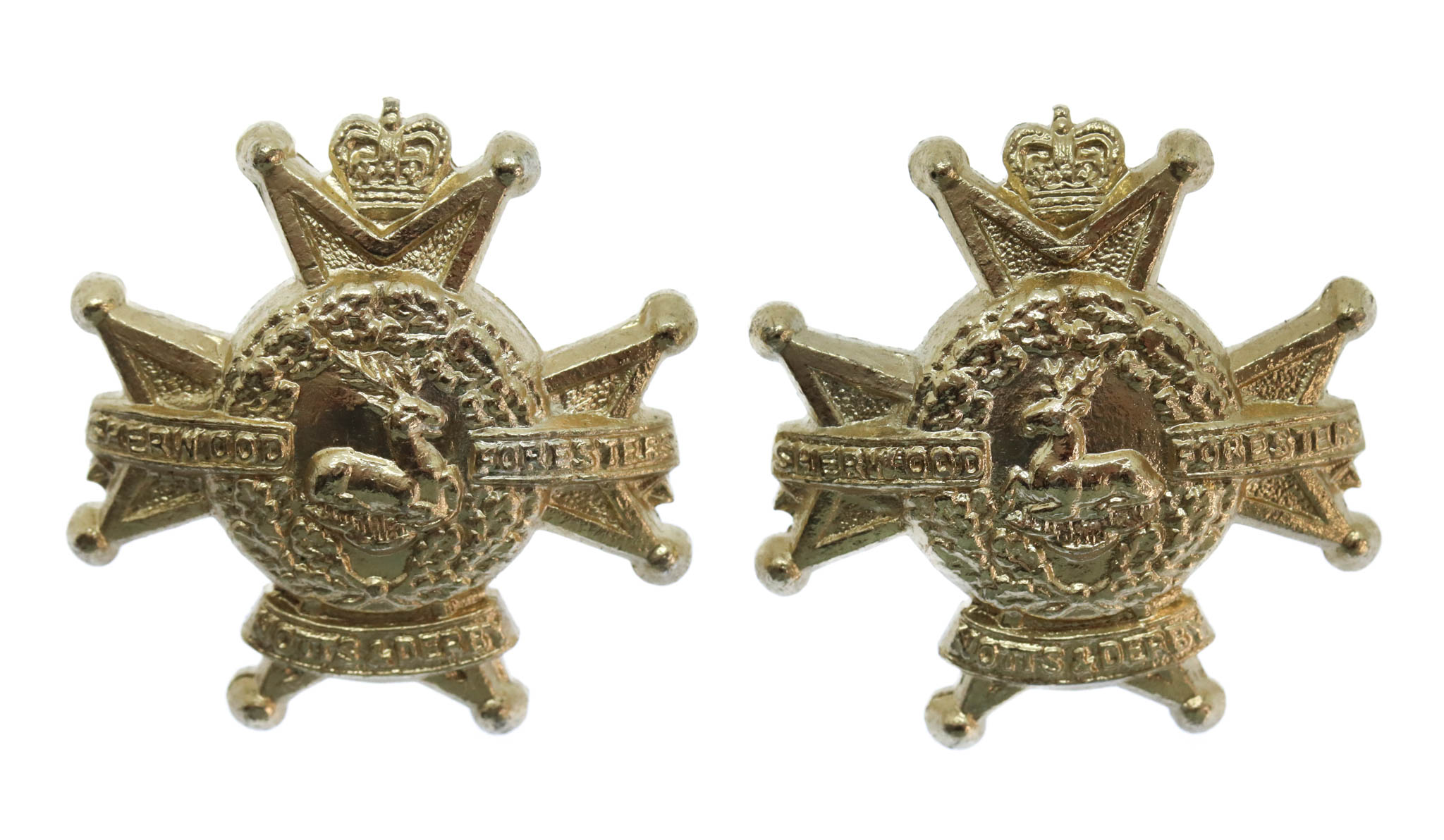 Pair of Notts & Derby Regiment (Sherwood Foresters) Anodised Collar Badges 