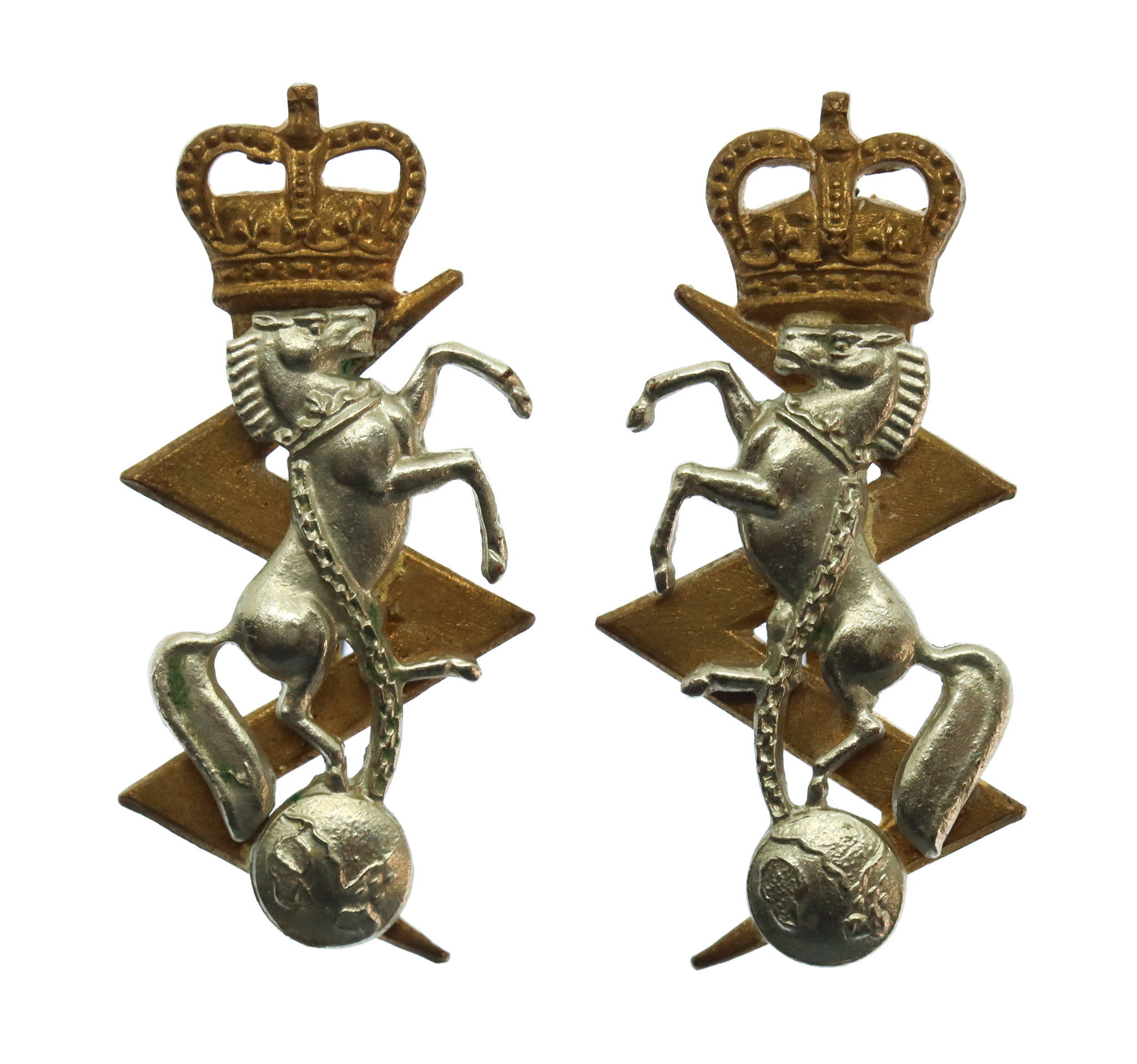 Pair of Royal Electrical & Mechanical Engineers (R.E.M.E.) Bi-Metal Collar Badges - Queen's Crown