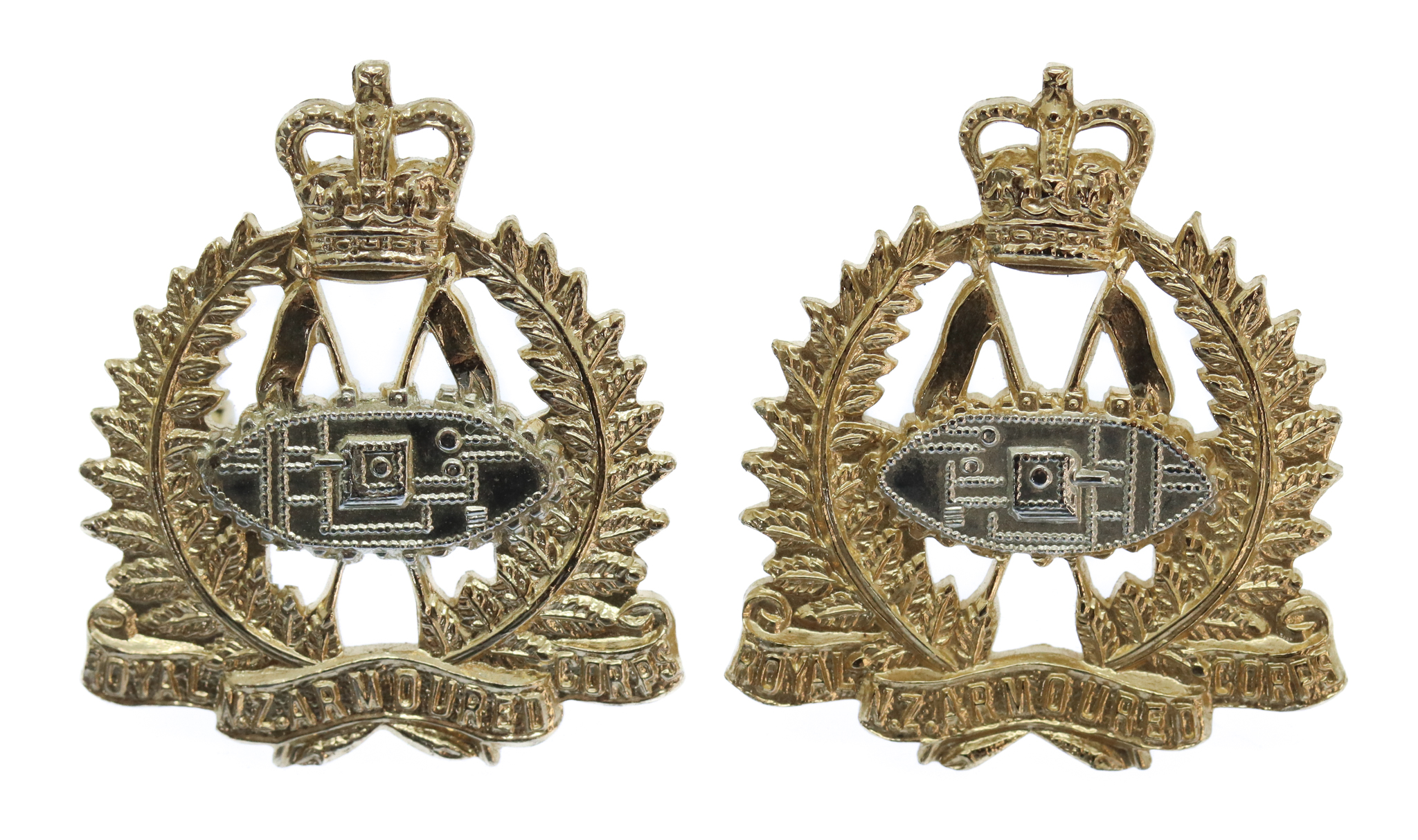 Pair of Royal New Zealand Armoured Corps Anodised (Staybrite) Collar Badges