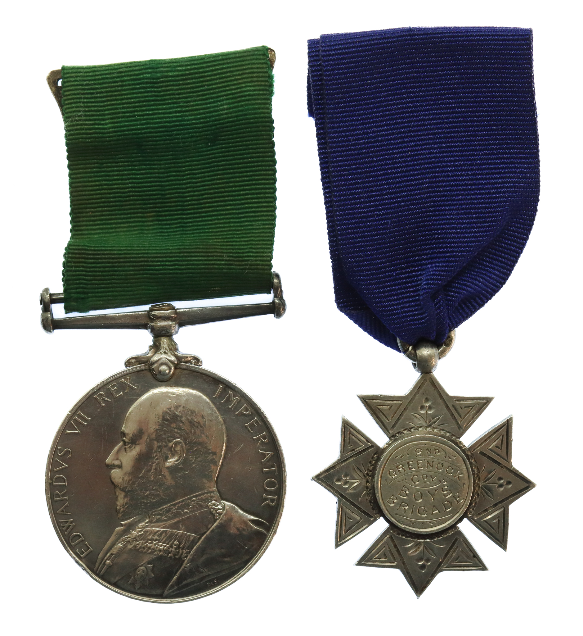 Edward VII Volunteer Long Service Medal with Greenock Coy. Boys Brigade Hallmarked Silver Medal - Sgt. H. Devlin, 1st V.B. Argyll & Sutherland Highlanders