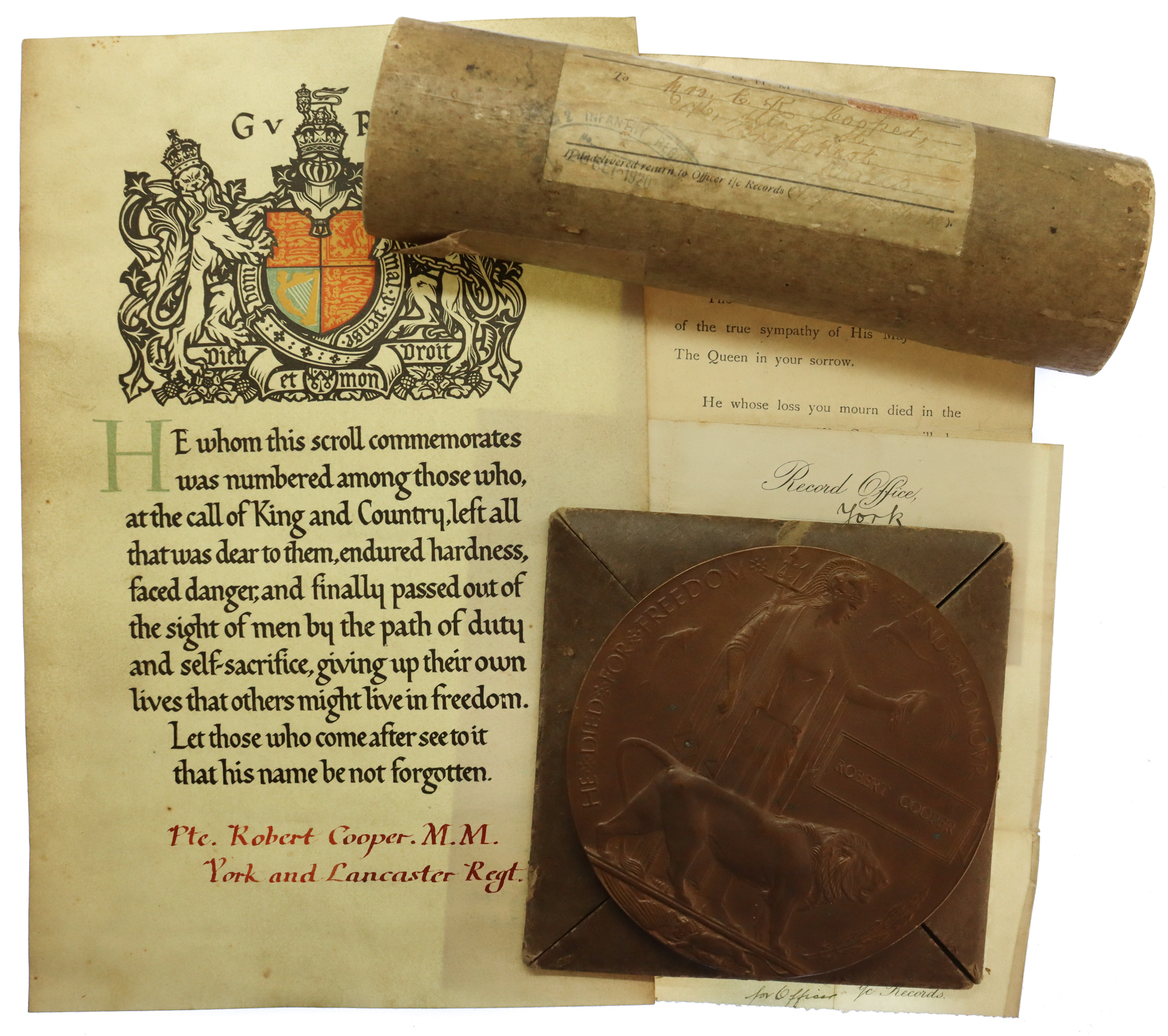 WW1 Memorial Plaque & Scroll to MM Winner - Pte. R. Cooper, 2nd Bn. York & Lancaster Regiment - K.I.A. 21/3/18