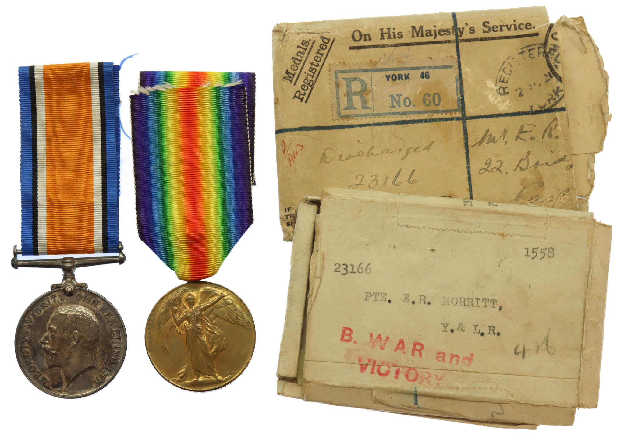 WW1 British War & Victory Medal Pair - Pte. E.R. Morritt, 8th Bn. York & Lancaster Regiment - Wounded (Somme)