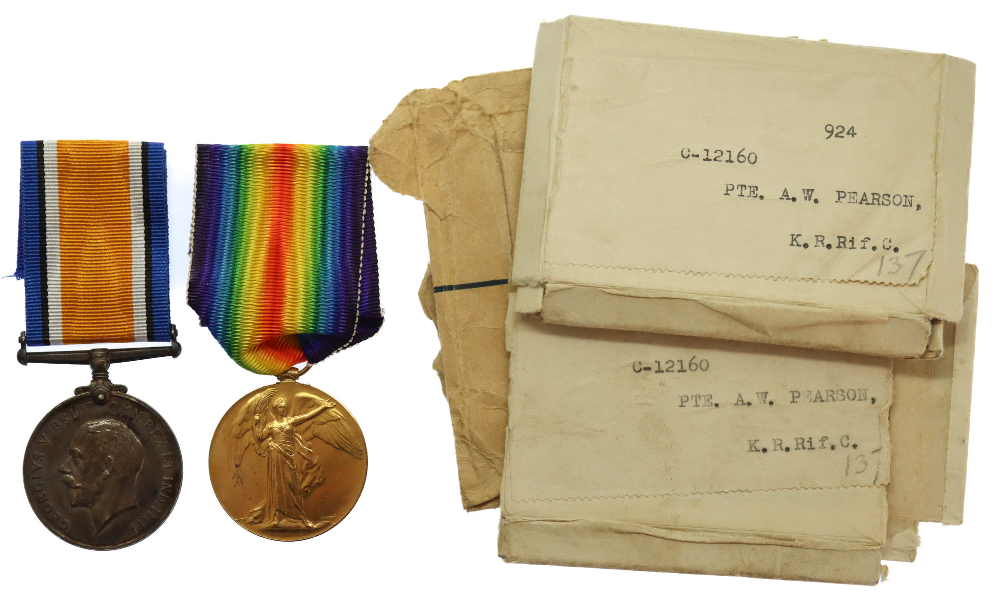 WW1 British War & Victory Medal Pair - Pte. A.W. Pearson, 21st (Yeoman Rifles) Bn. King's Royal Rifle Corps