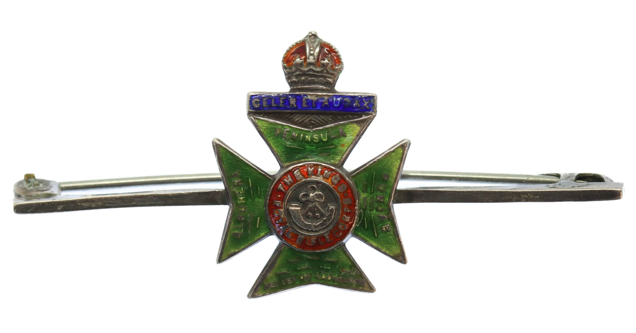 King's Royal Rifle Corps (K.R.R.C.) Sterling Silver & Enamel Sweetheart Brooch/Tie Pin - King's Crown