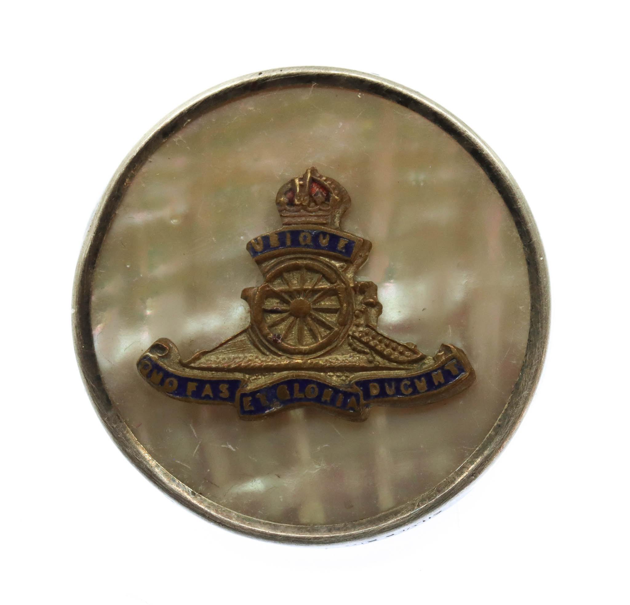 Royal Artillery Mother of Pearl & Silver Rim Sweetheart Brooch