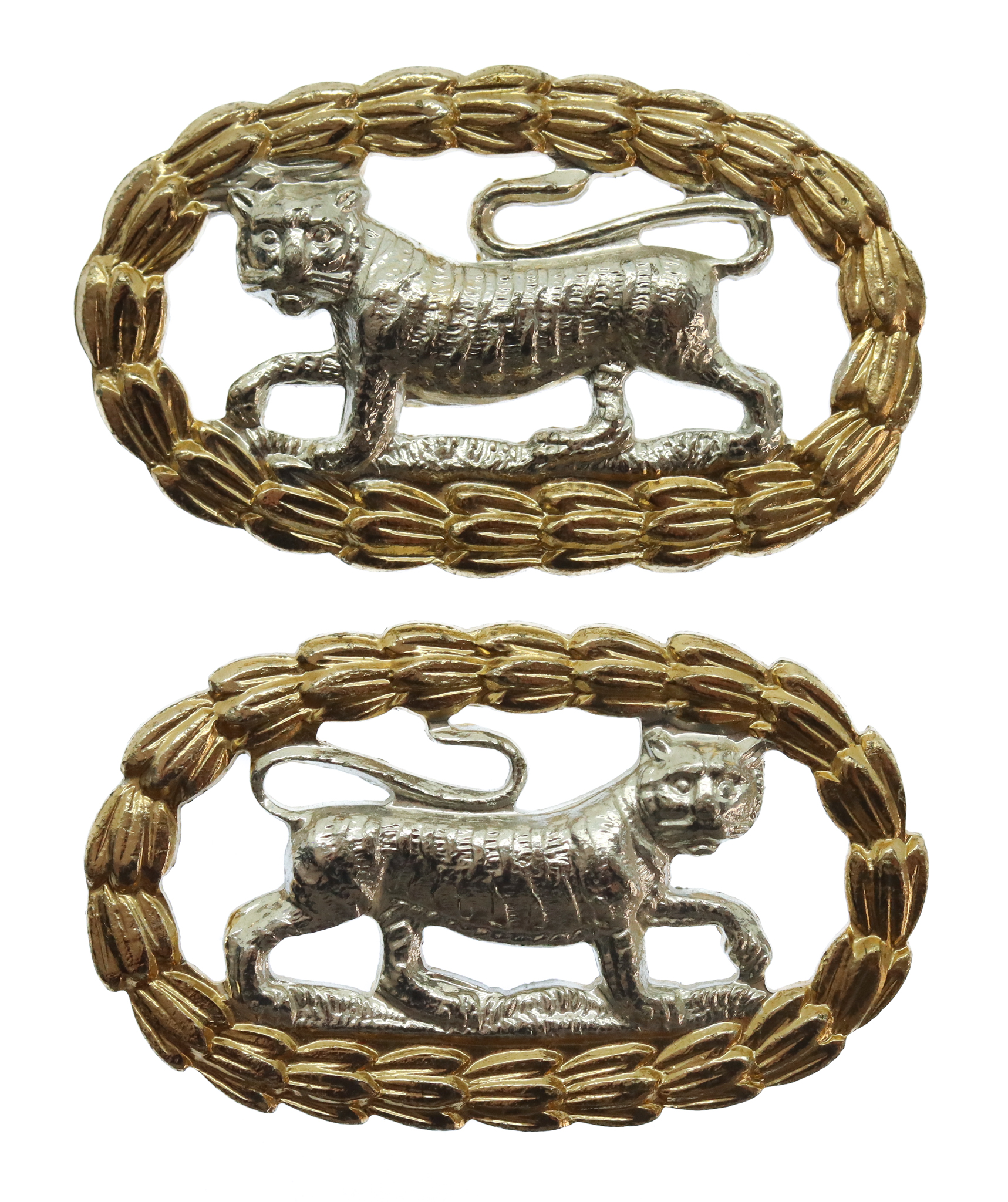 Pair of Royal Leicestershire Regiment Anodised (Staybrite) Collar Badges