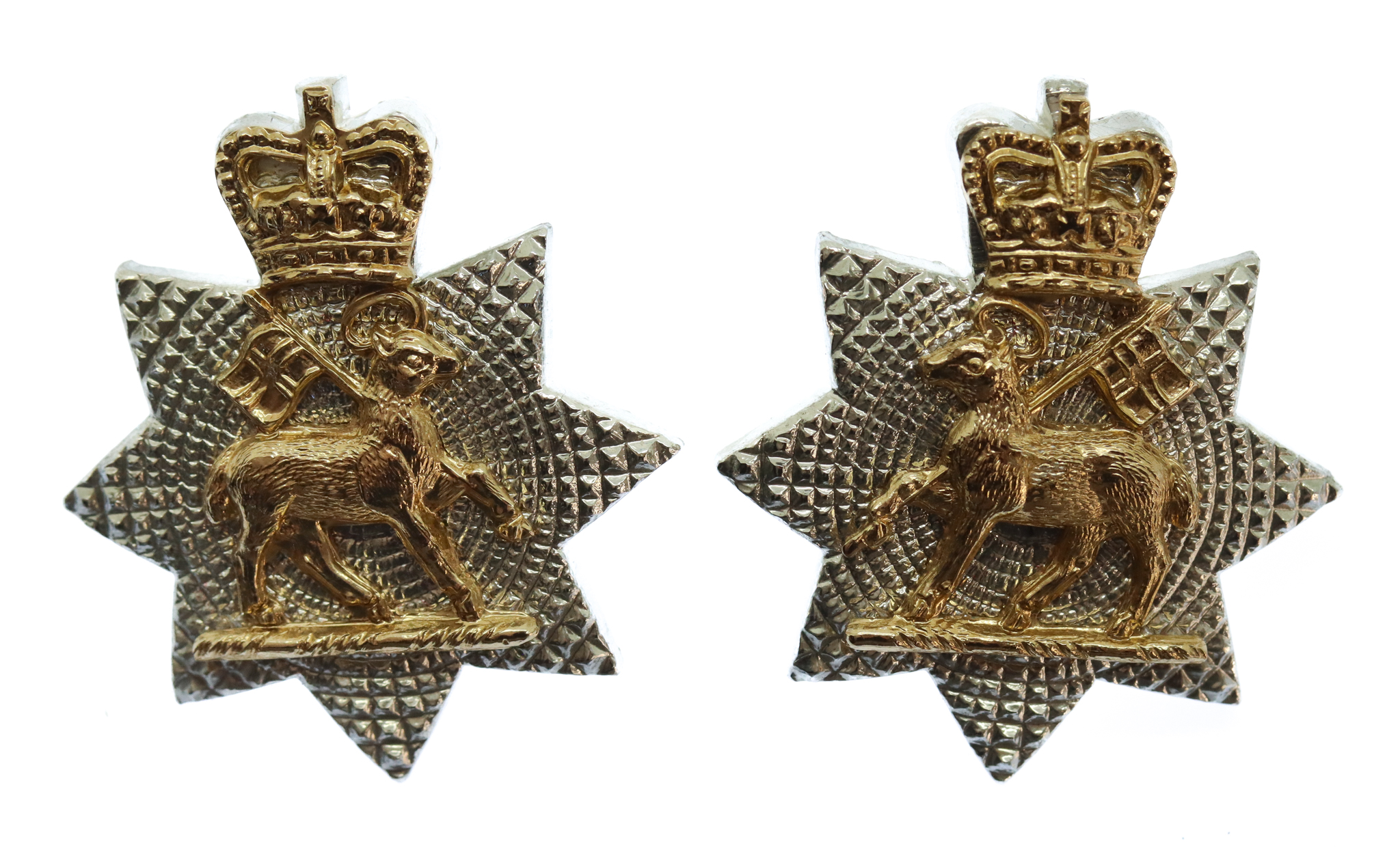Pair of Queen's Royal Surrey Regiment Anodised (Staybrite) Collar Badges