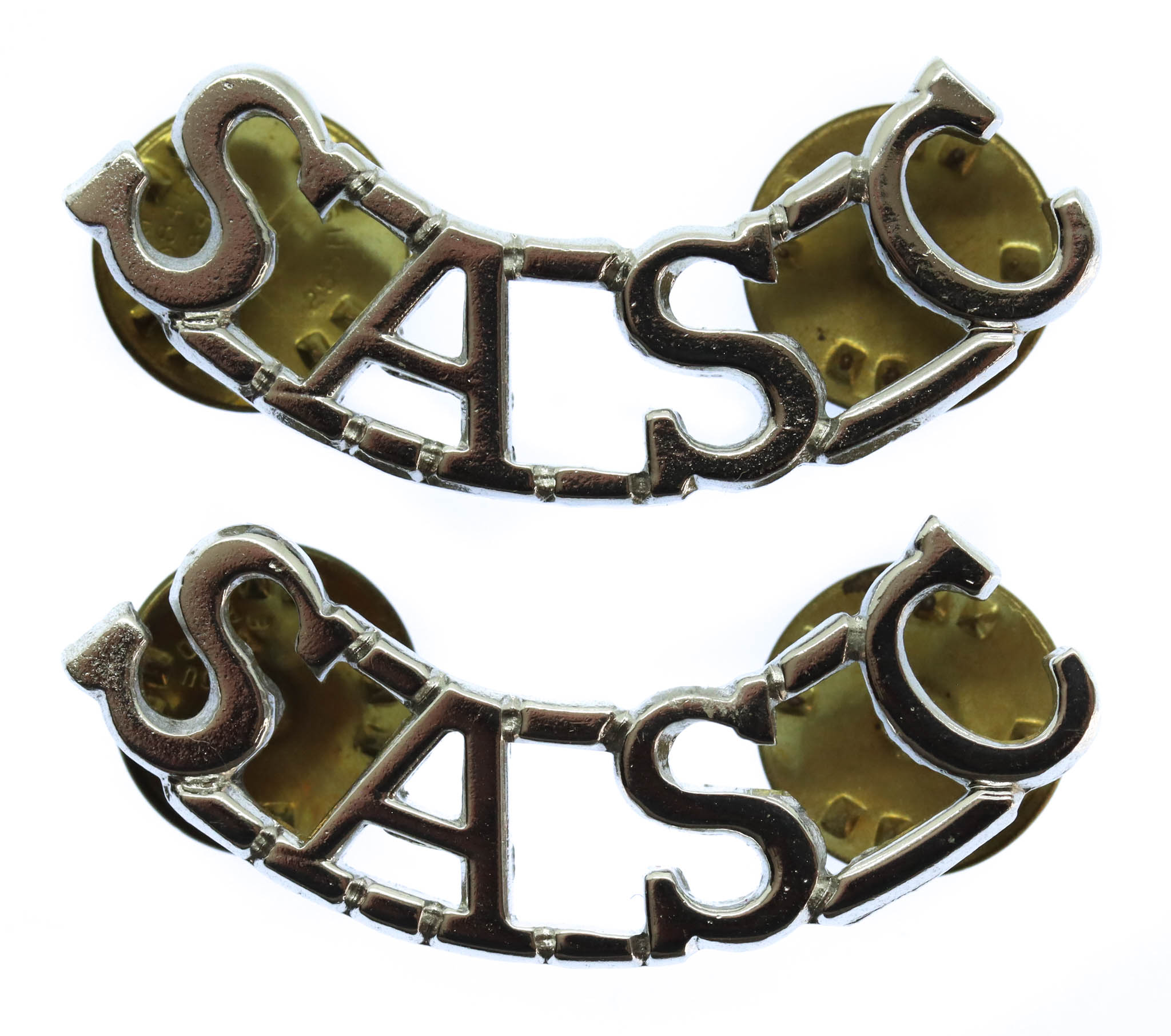 Pair of Small Arms School Corps (S.A.S.C.) Anodised (Staybrite) Shoulder Titles