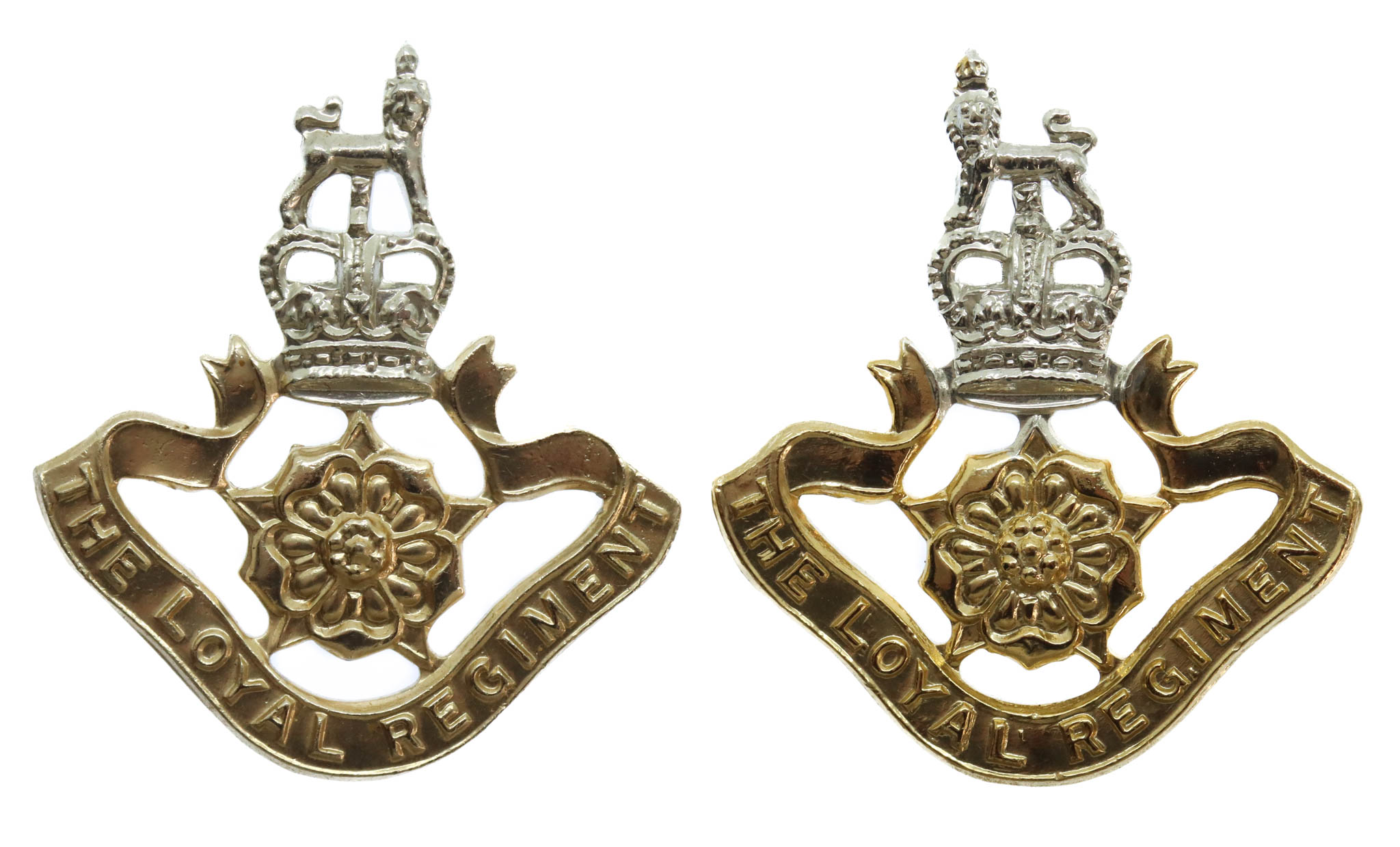 Pair of Loyal Regiment Anodised (Staybrite) Collar Badges