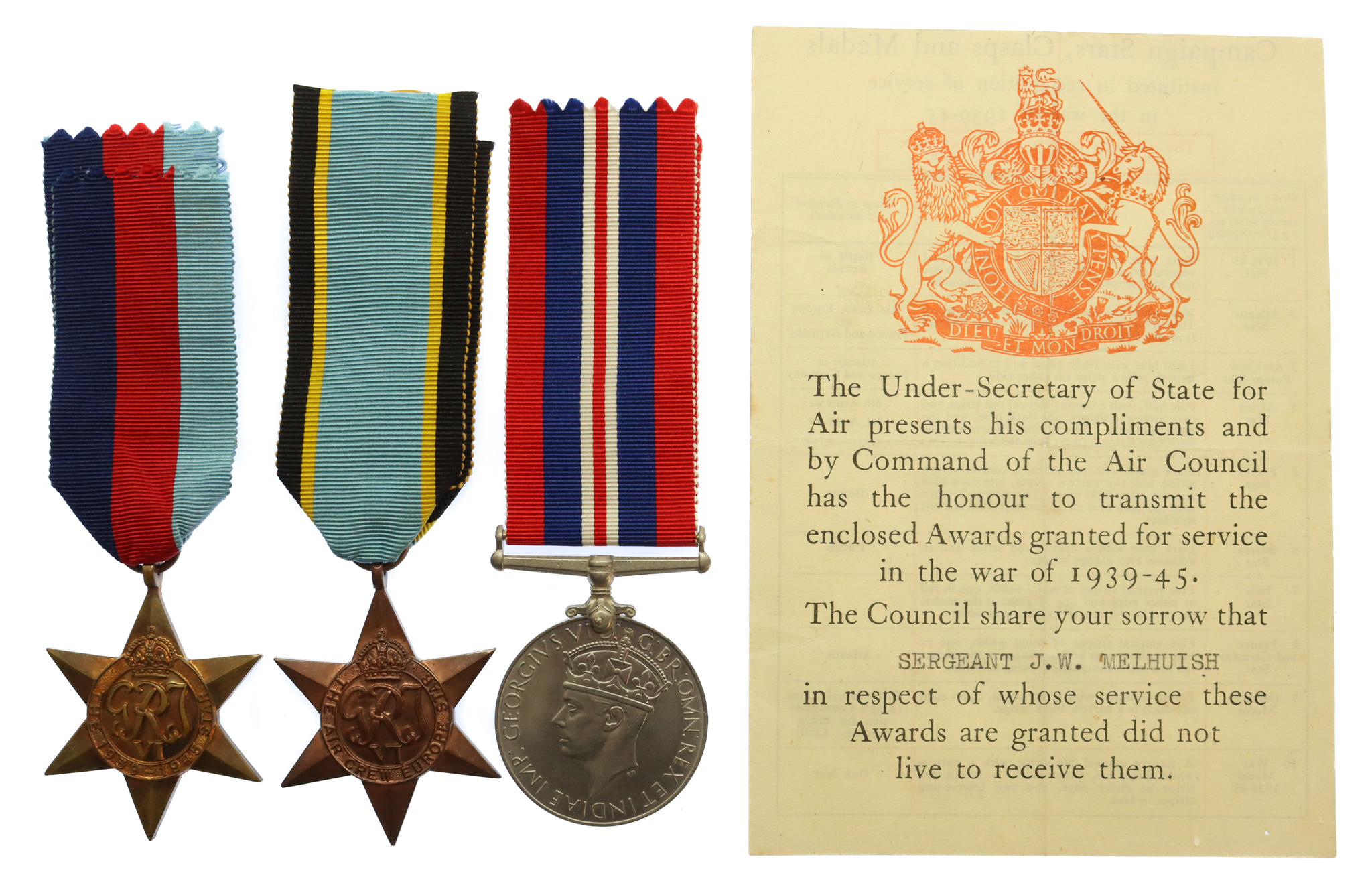 WW2 Air Crew Europe Casualty Medal Group of Three - Sergeant John William Melhuish, 83 Sqdn. Royal Air Force Volunteer Reserve