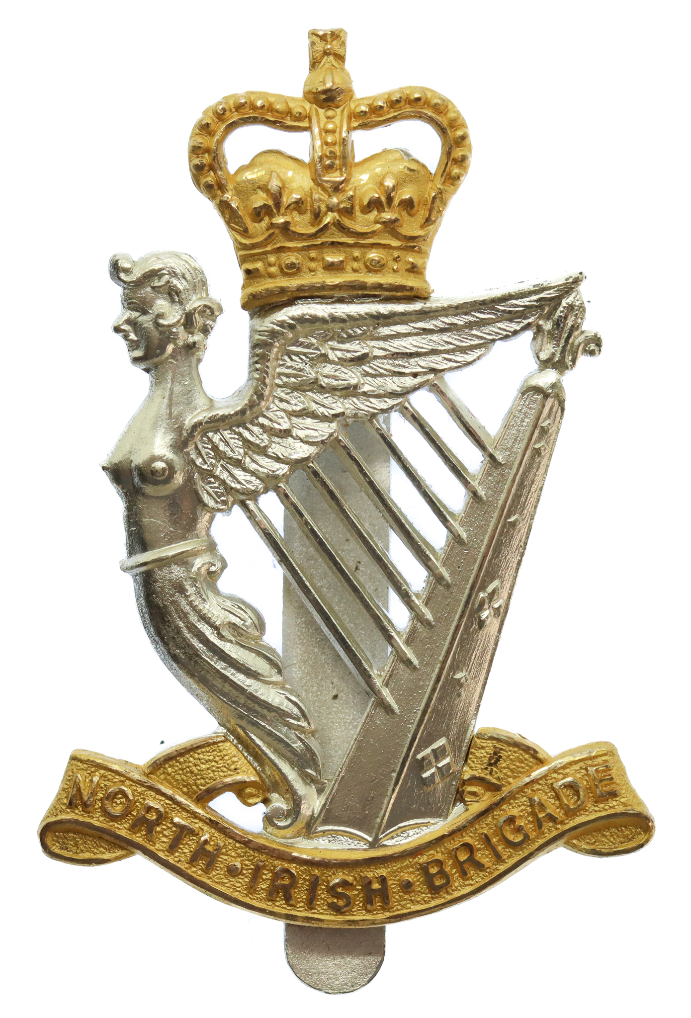 North Irish Brigade Officer's Silvered & Gilt Cap Badge - Queen's Crown