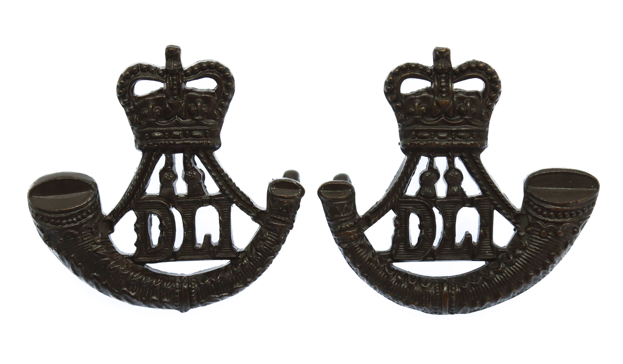 Pair of Durham Light Infantry (D.L.I.) Officer's Service Dress Collar Badges - Queen's Crown