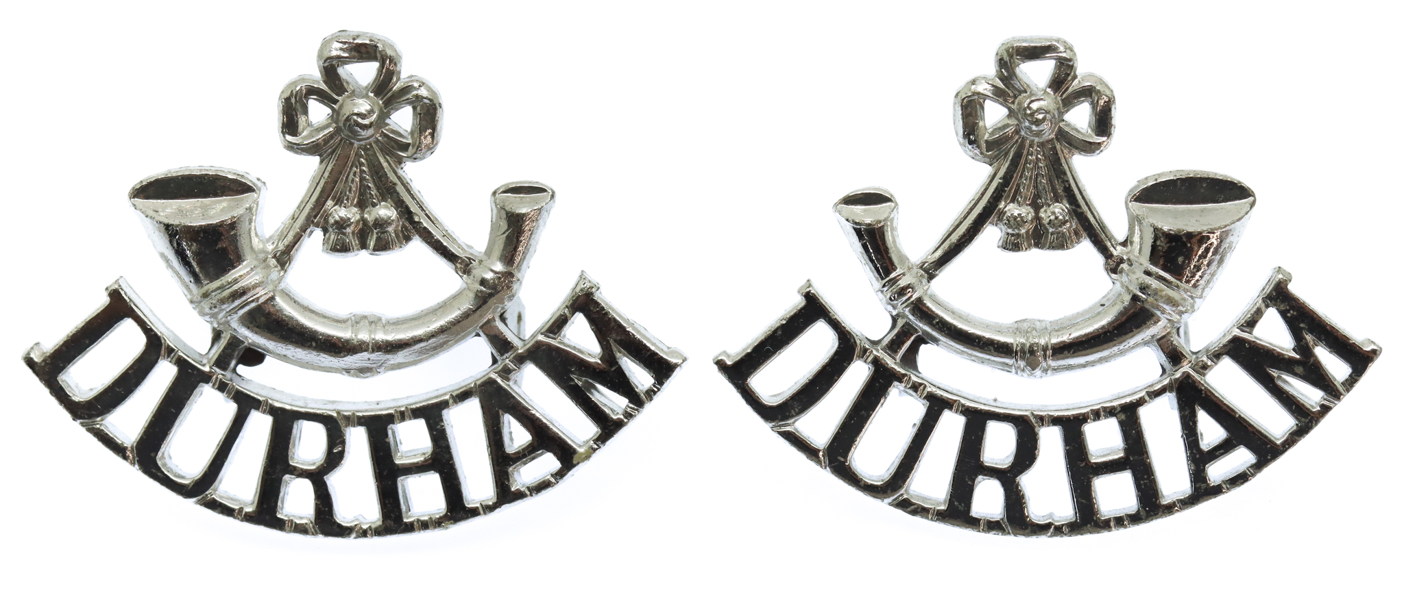 Pair of Durham Light Infantry (Bugle/DURHAM) Anodised (Staybrite) Shoulder Titles