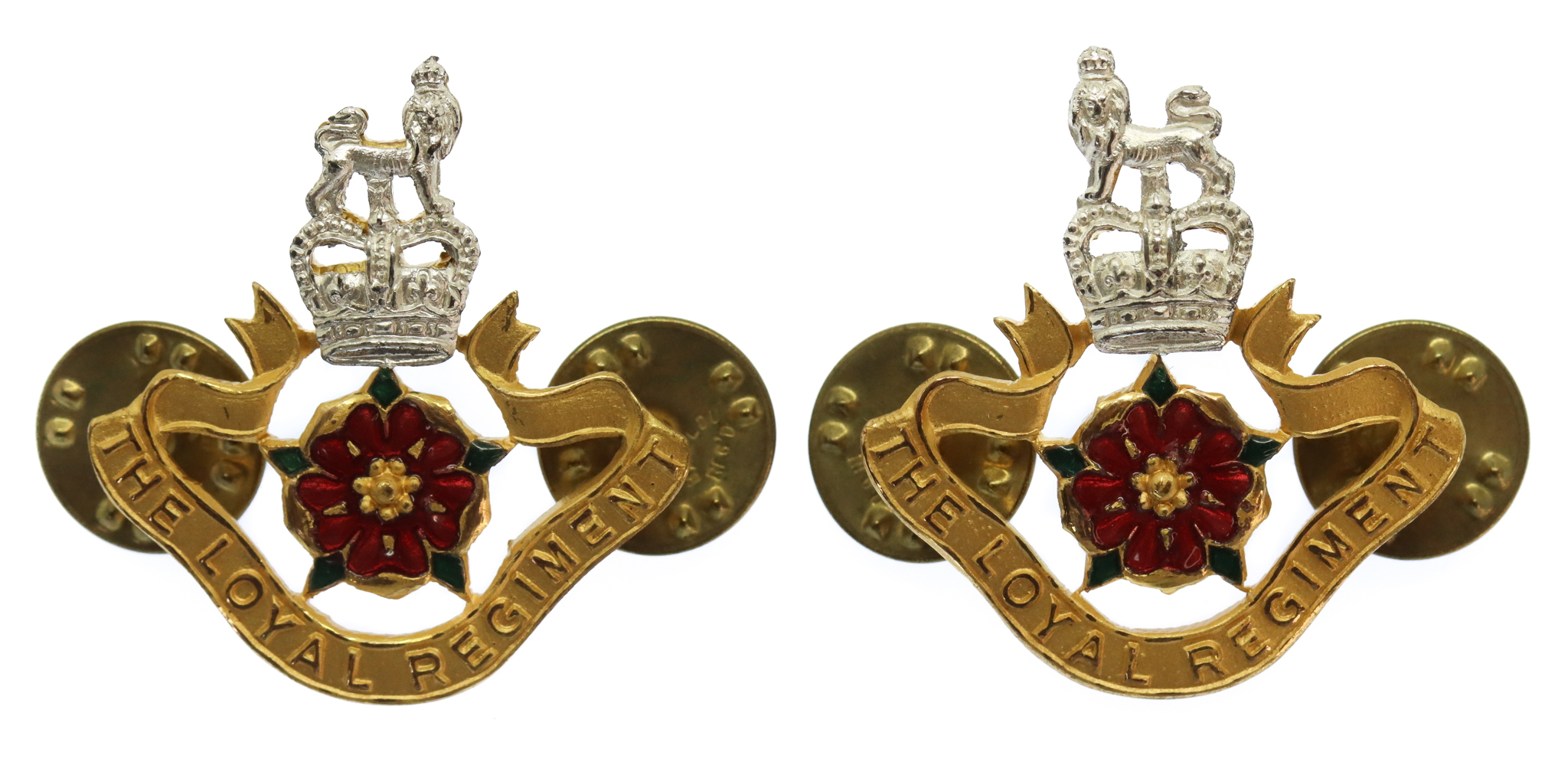 Pair of Loyal Regiment Officer's Silvered, Gilt & Enamelled Collar Badges - Queen's Crown