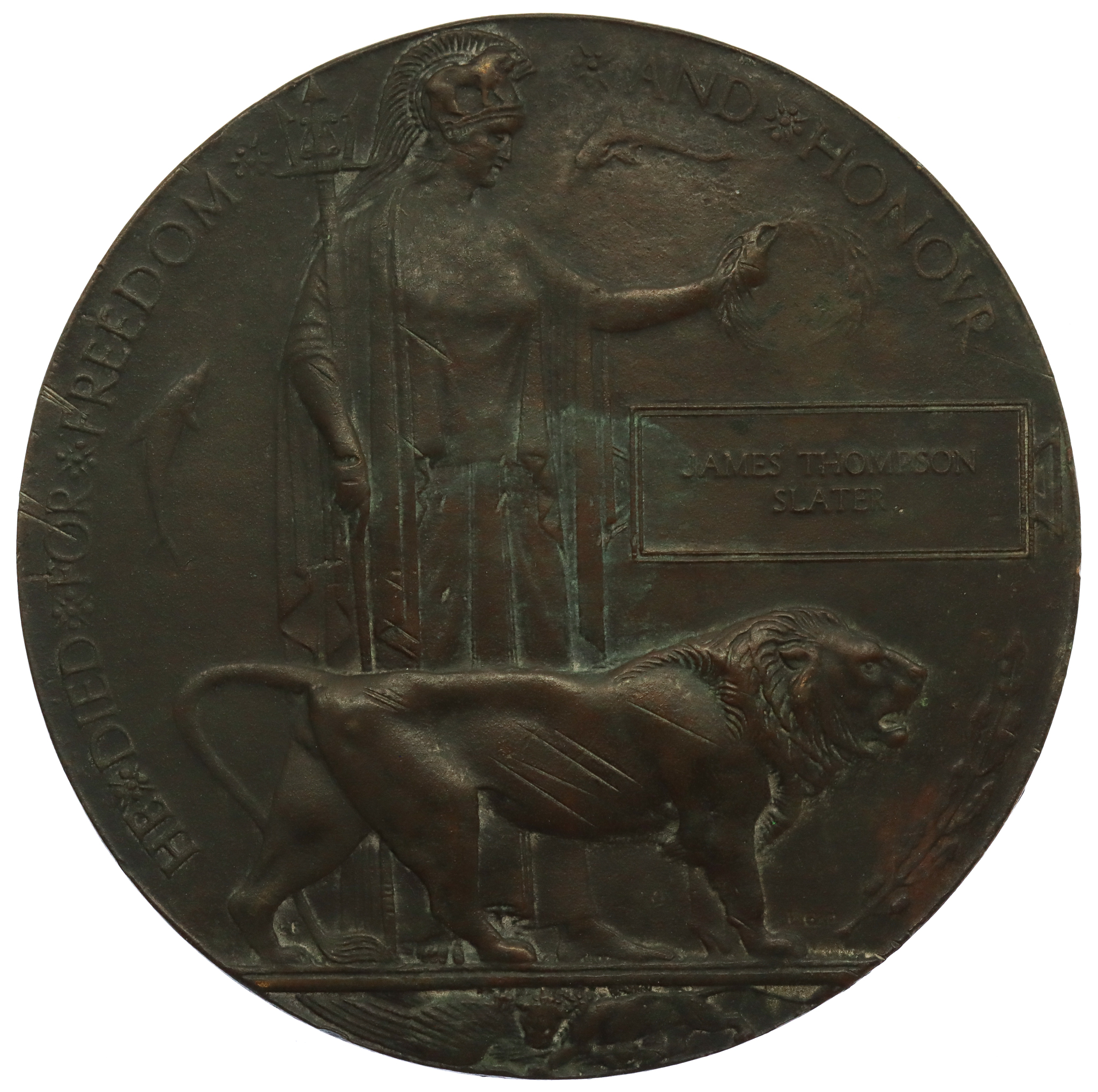 WW1 Memorial Plaque (Death Penny) - Stoker 1st Class James Thompson Slater, H.M.S. Queen Mary, Royal Navy - K.I.A. 31/5/16 (Battle of Jutland)