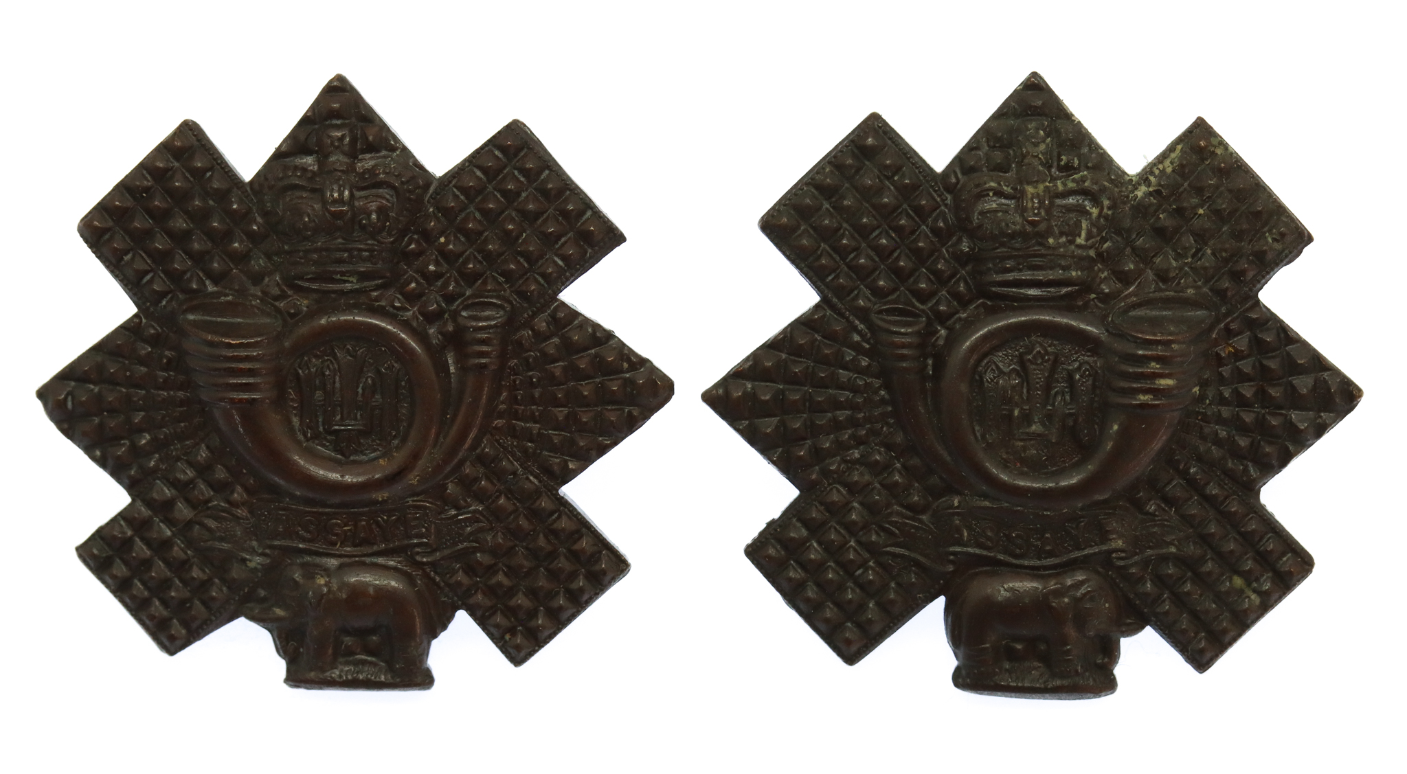 Pair of Highland Light Infantry (H.L.I.) Officer's Service Dress Collar Badges - Queen's Crown