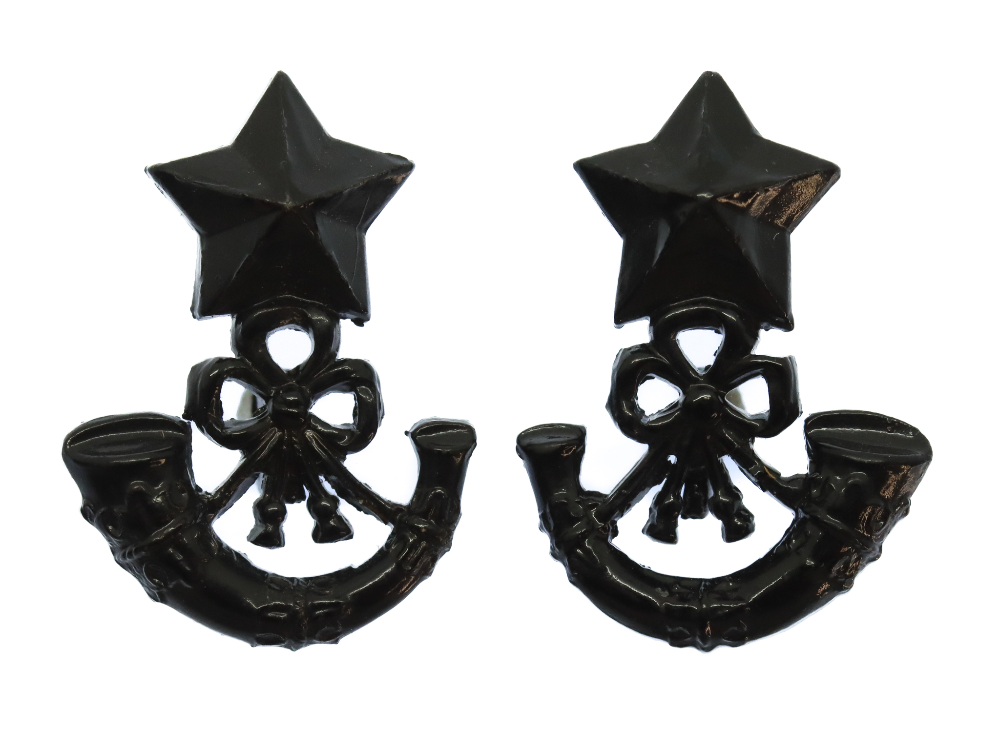 Pair of Cameronians (Scottish Rifles) Blackened Collar Badges