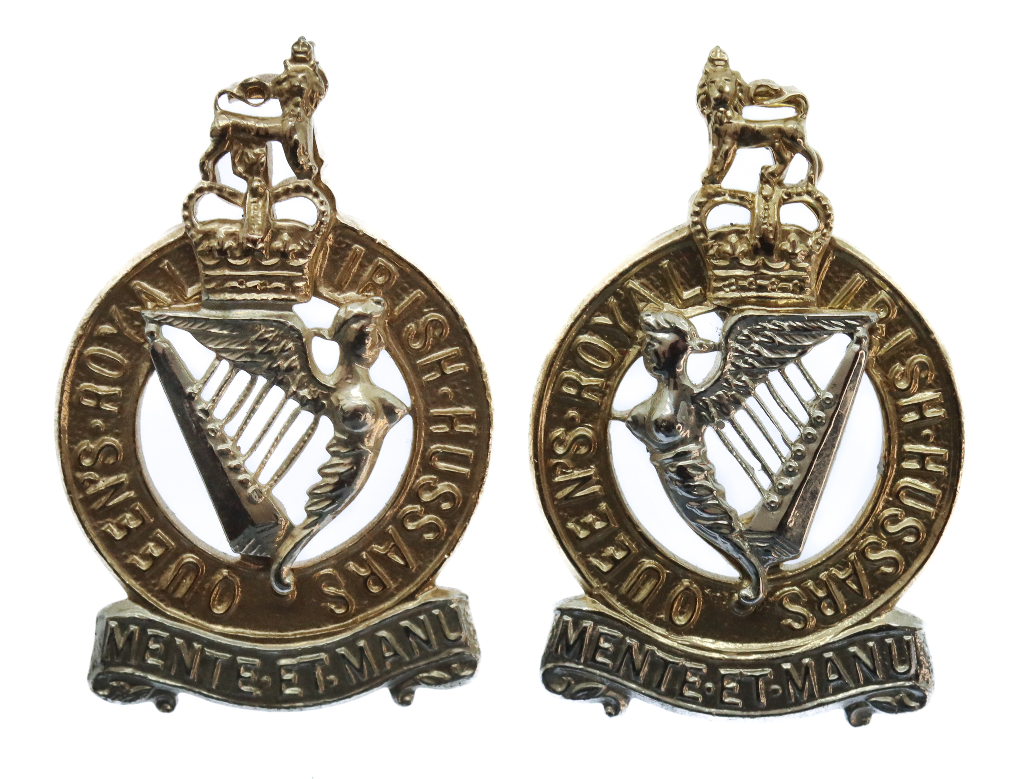 Pair of Queen's Royal Irish Hussars Anodised (Staybrite) Collar Badges
