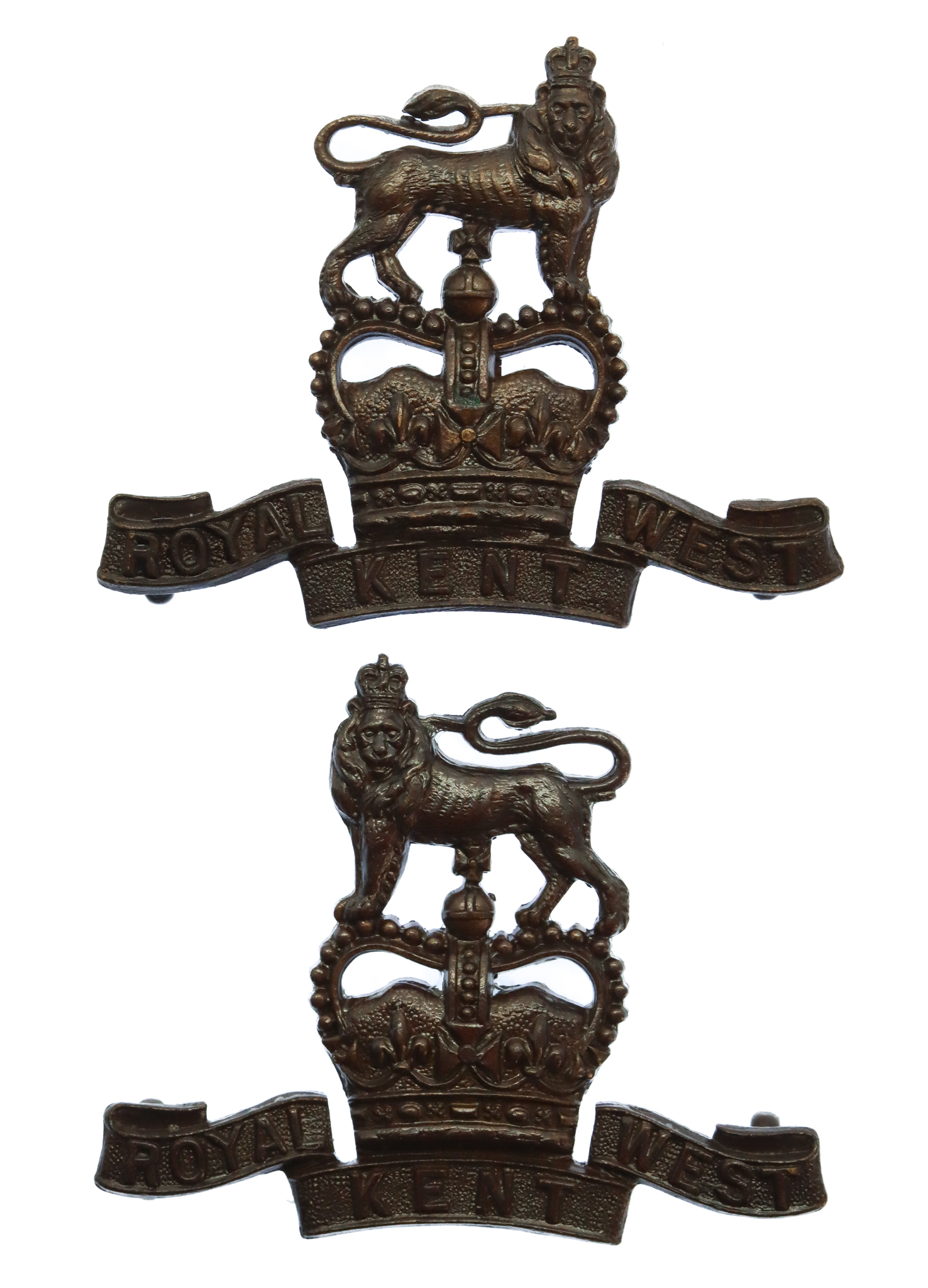 Pair of Royal West Kent Regiment Officer's Service Dress Collar Badges - Queen's Crown