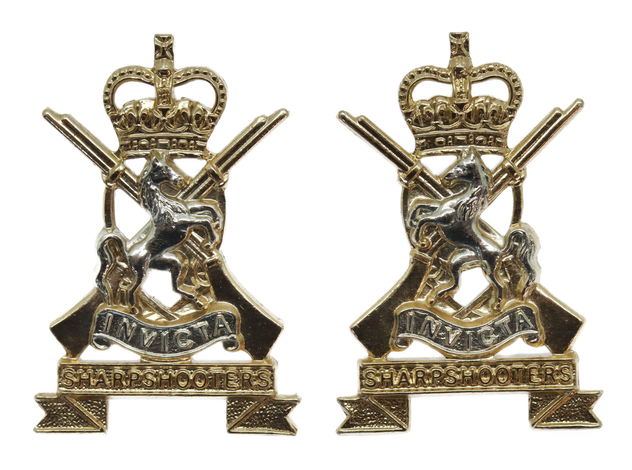Pair of Kent & County of London Yeomanry (Sharpshooters) Anodised (Staybrite) Collar Badges