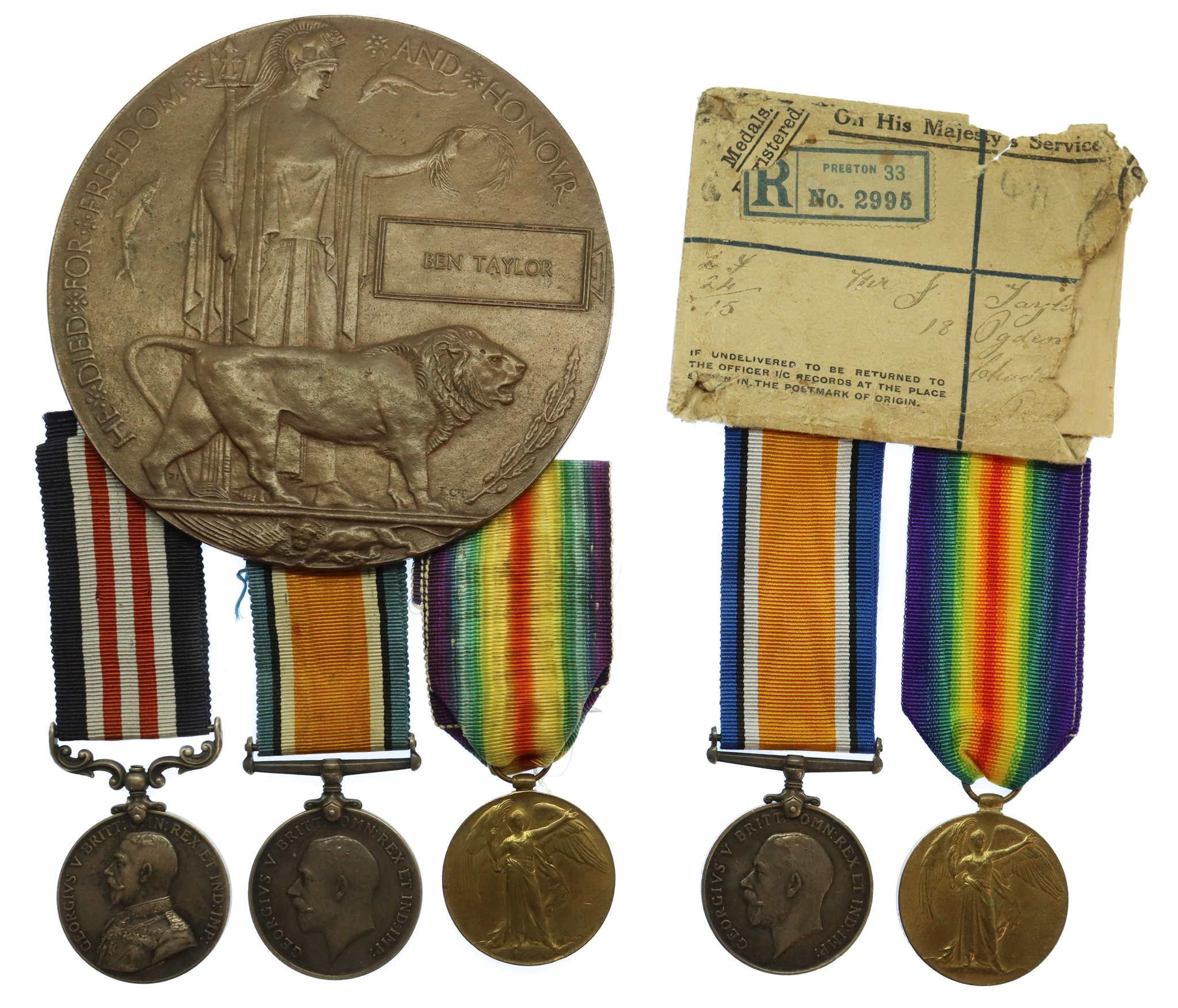 WW1 Military Medal, British War Medal, Victory Medal & Memorial Plaque along with Brothers WW1 Medal Pair - Private / Drummer B. Taylor, 17th (1st South East Lancashire Bantams) Bn. Lancashire Fusiliers - K.I.A.