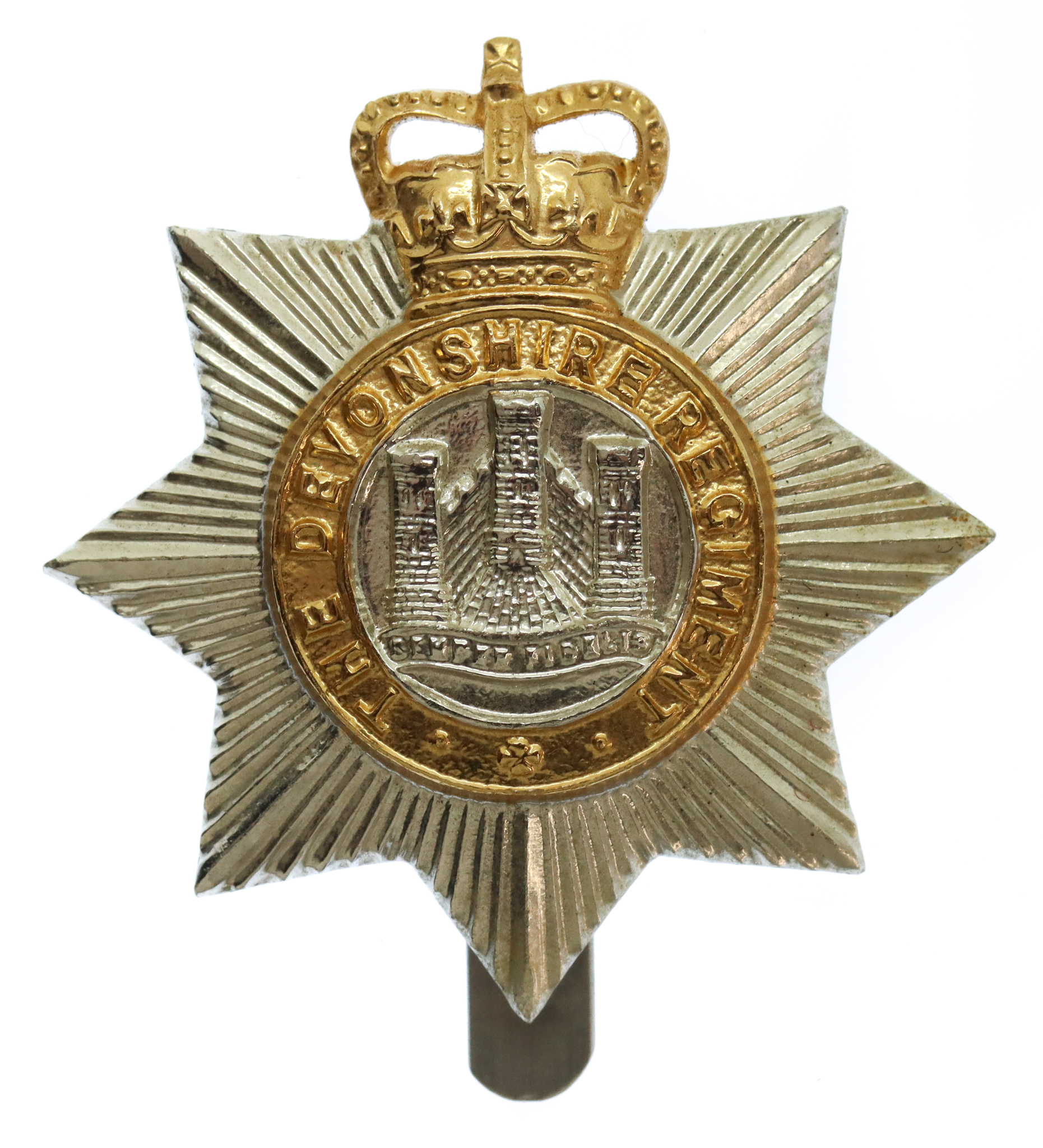 Devonshire Regiment Anodised (Staybrite) Cap Badge - Queen's Crown
