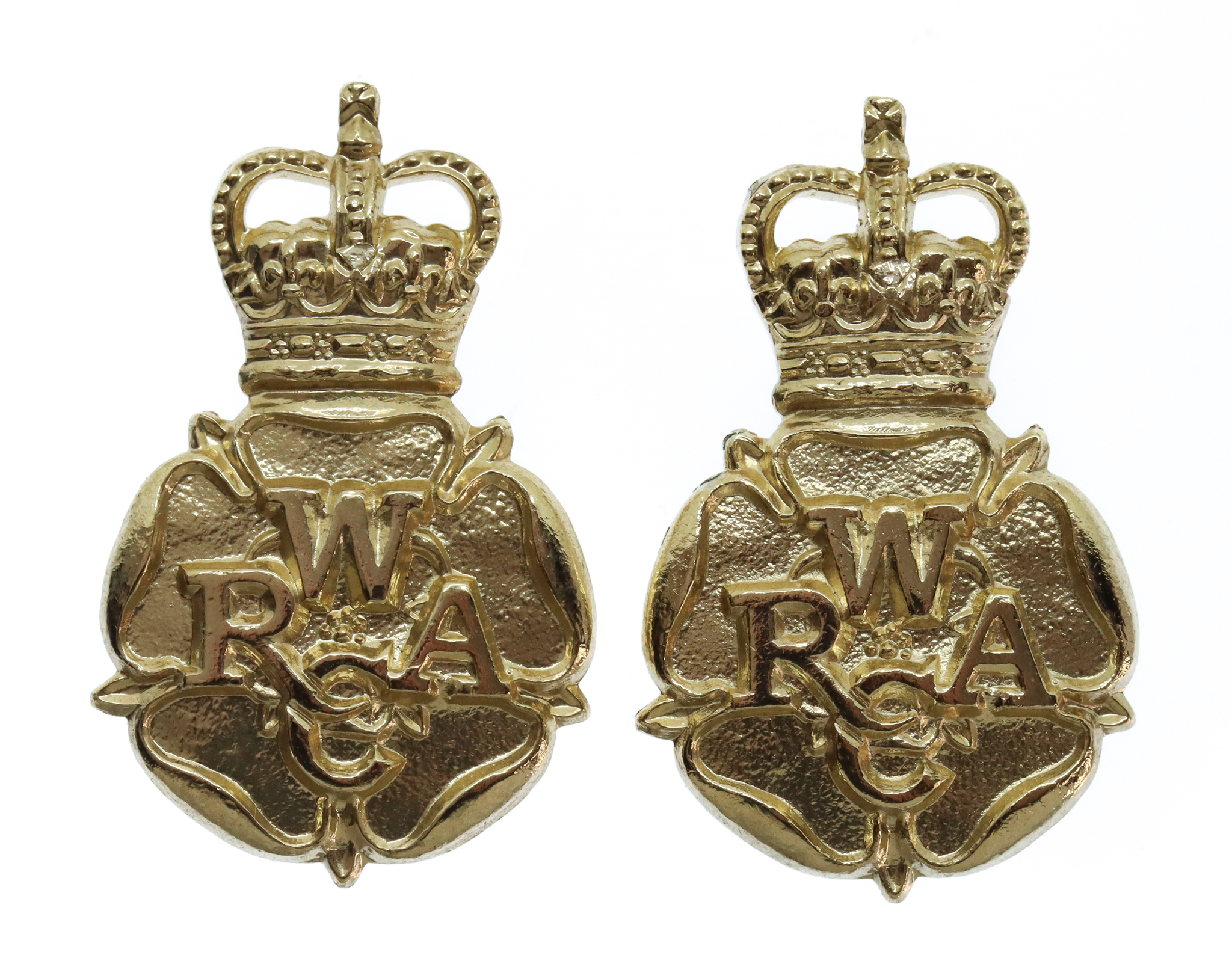Pair of Women's Royal Army Corps (W.R.A.C.) Anodised (Staybrite) Collar Badges