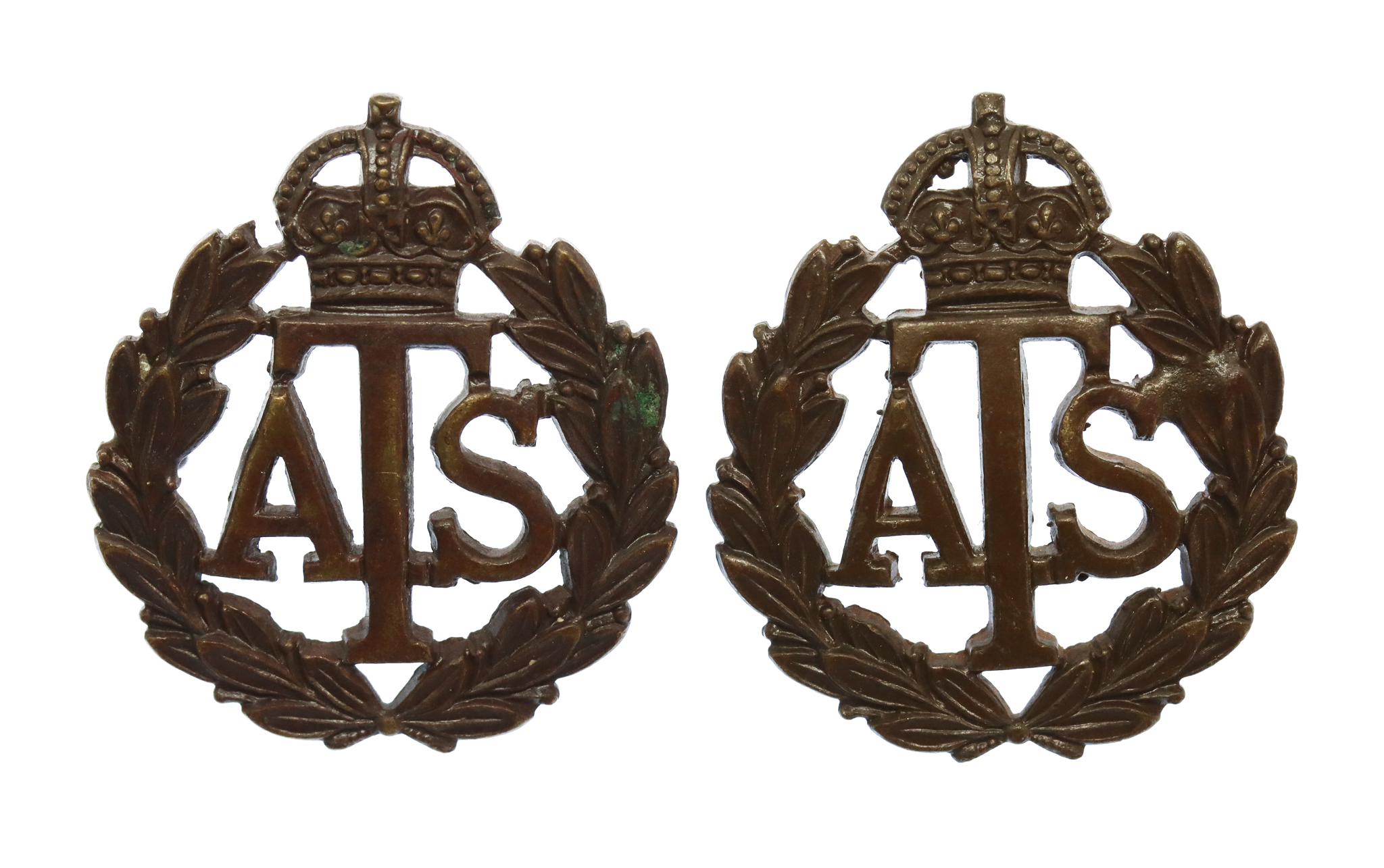 Pair of Auxiliary Territorial Service (A.T.S.) Officer's Service Dress Collar Badge - King's Crown