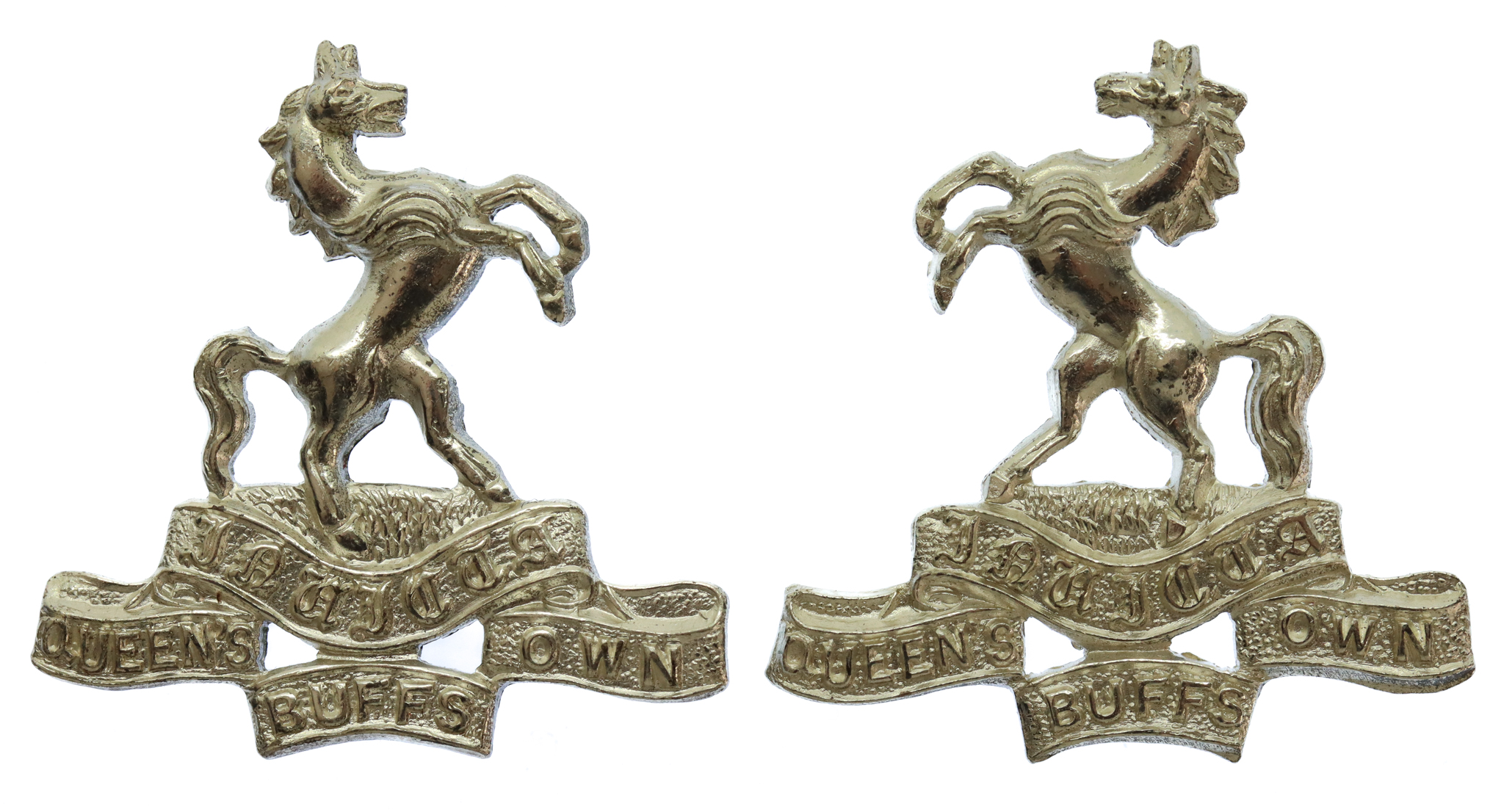 Pair of Queen's Own Buffs, Royal Kent Regiment Officer's Silvered Collar Badges
