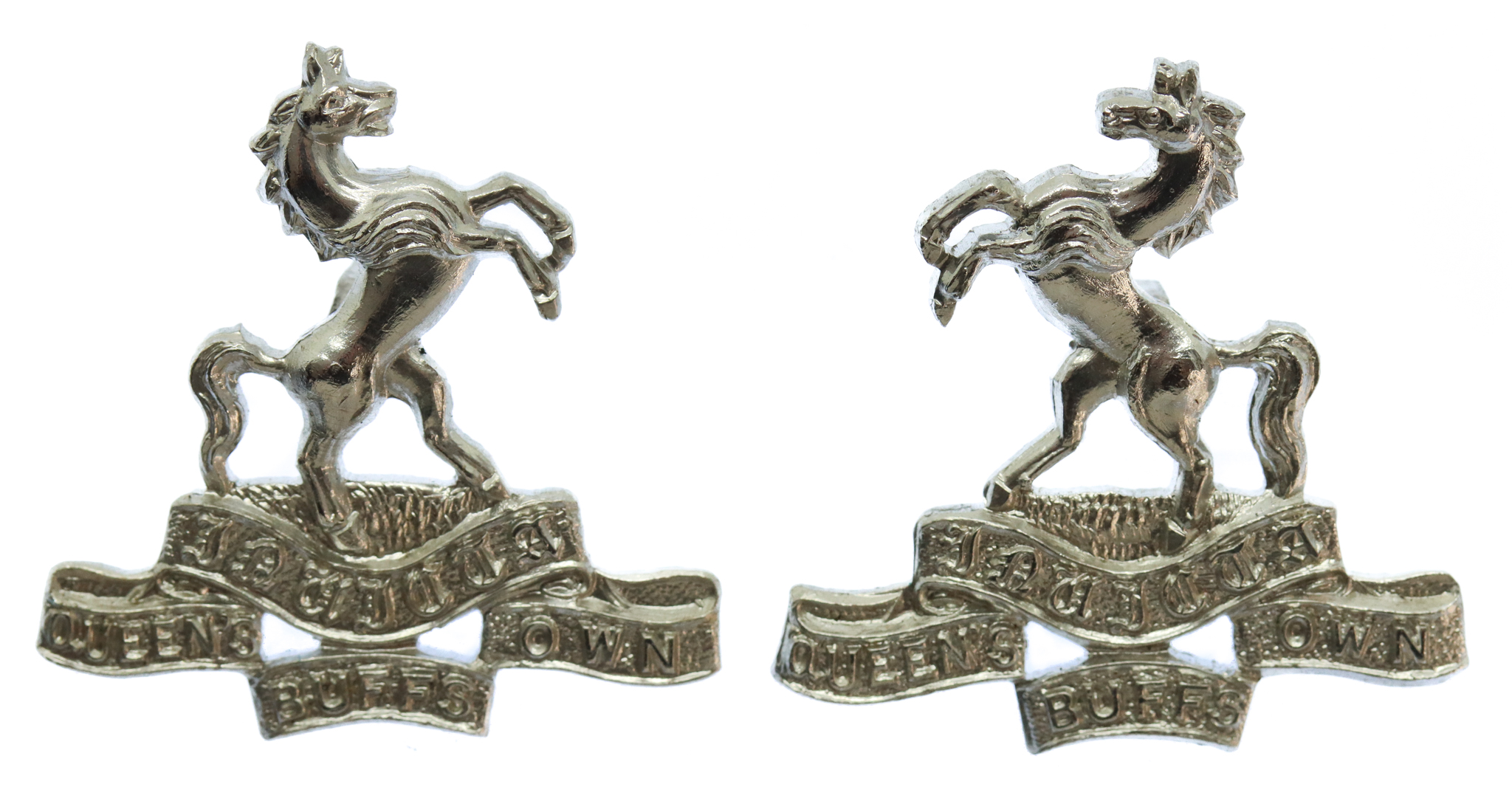 Pair of Queen's Own Buffs, Royal Kent Regiment Anodised (Staybrite) Collar Badges