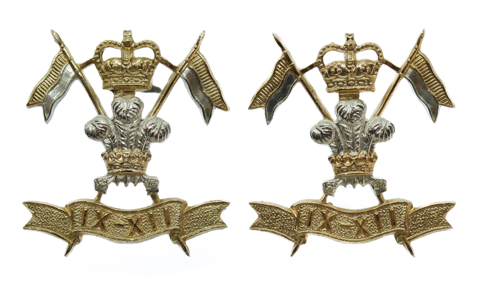 Pair of 9th/12th Royal Lancers Anodised (Staybrite) Collar Badges