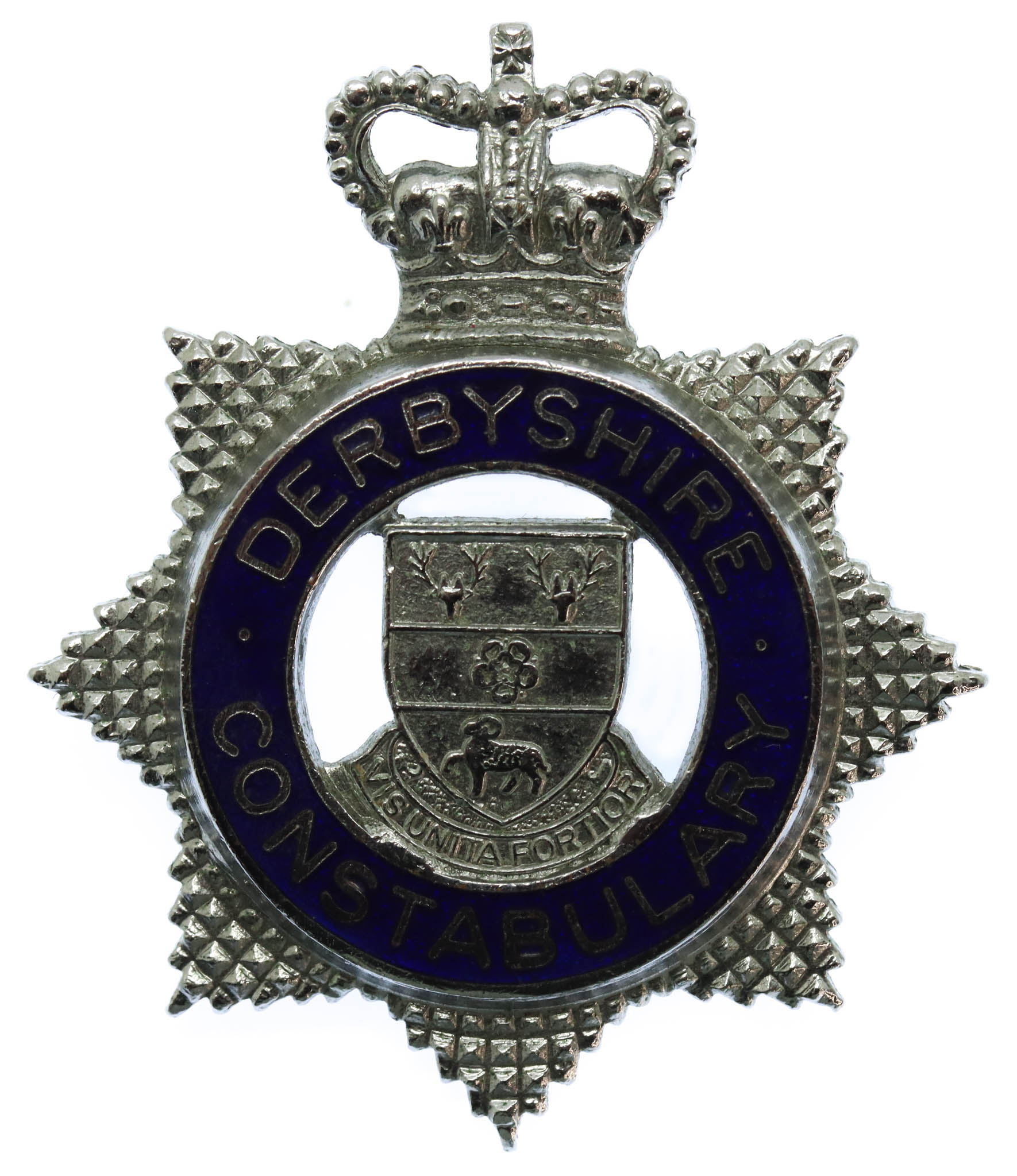 Derbyshire Constabulary Enamelled Star Cap Badge - Queen's Crown
