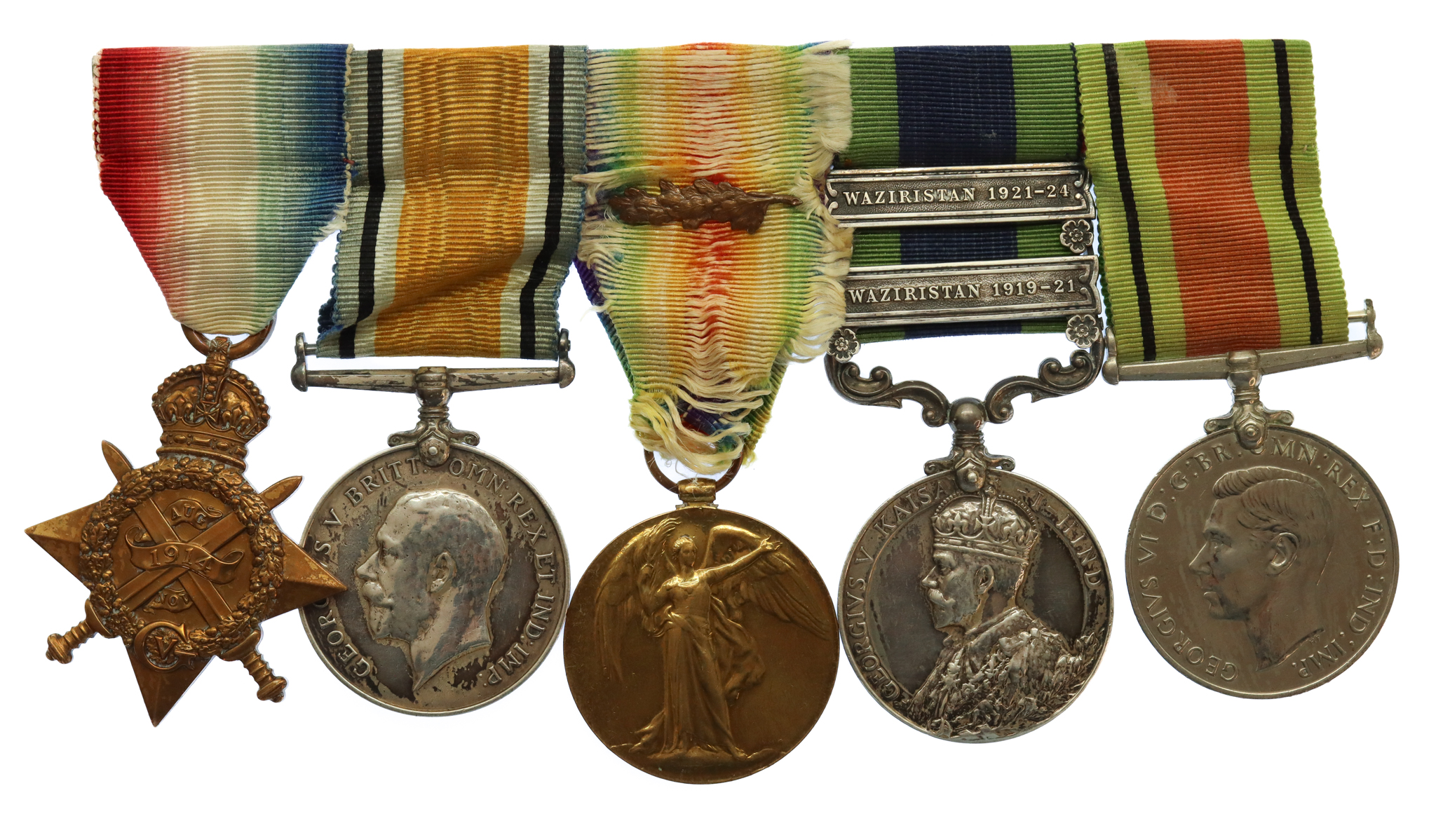 Late Issue WW1 1914 Mons Star, British War Medal, Victory Medal, IGS (Clasps - Waziristan 1919-21, Waziristan 1921-24) and WW2 Defence Medal Group of Five - Gnr. W.A.C. Window, Royal Artillery