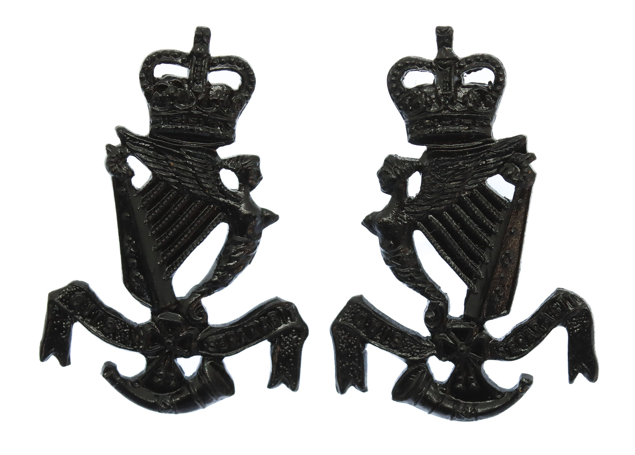 Pair of Royal Ulster Rifles (R.U.R.) Collar Badges - Queen's Crown
