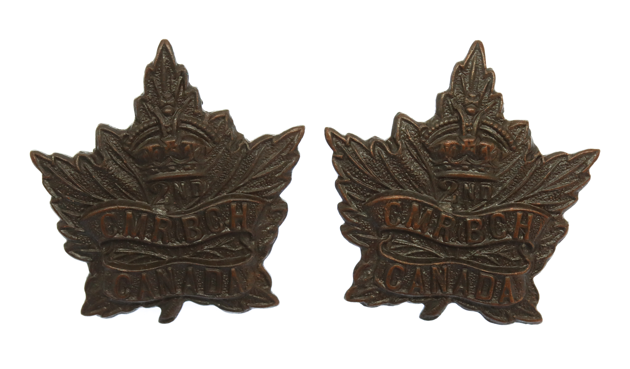 Pair of 2nd Canadian Mounted Rifles Bn. (British Columbia Horse) WW1 C.E.F. Collar Badges