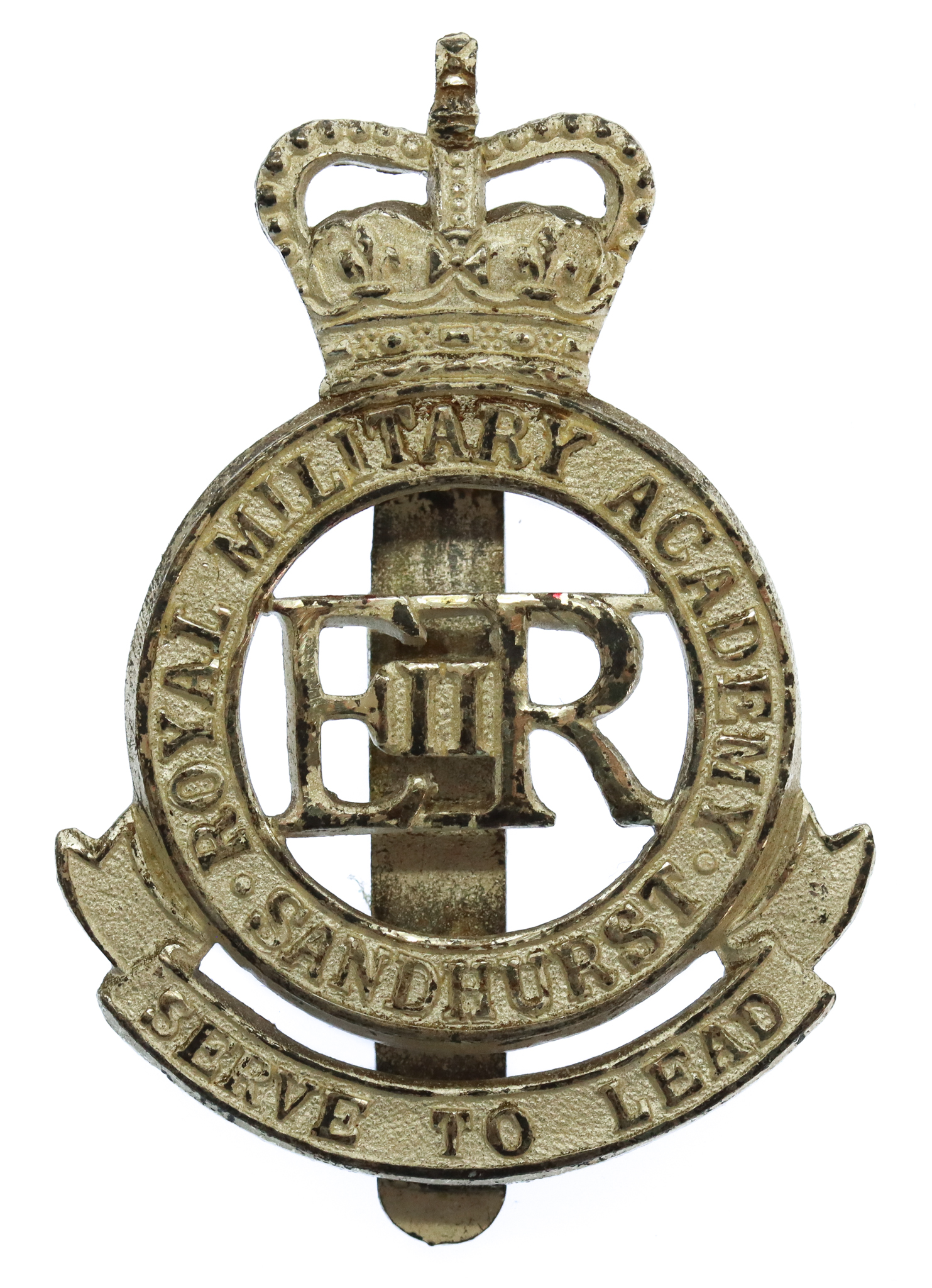 Royal Military Academy Sandhurst Silvered Cap Badge - Queen's Crown