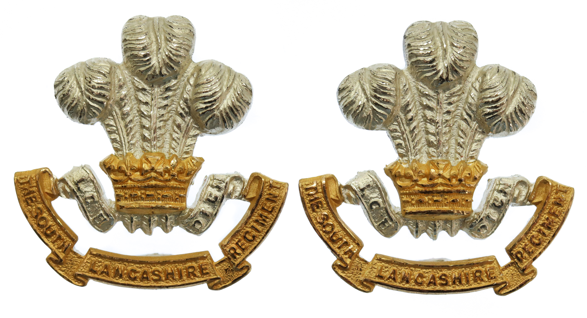 Pair of South Lancashire Regiment Officer's Silvered & Gilt Collar Badges