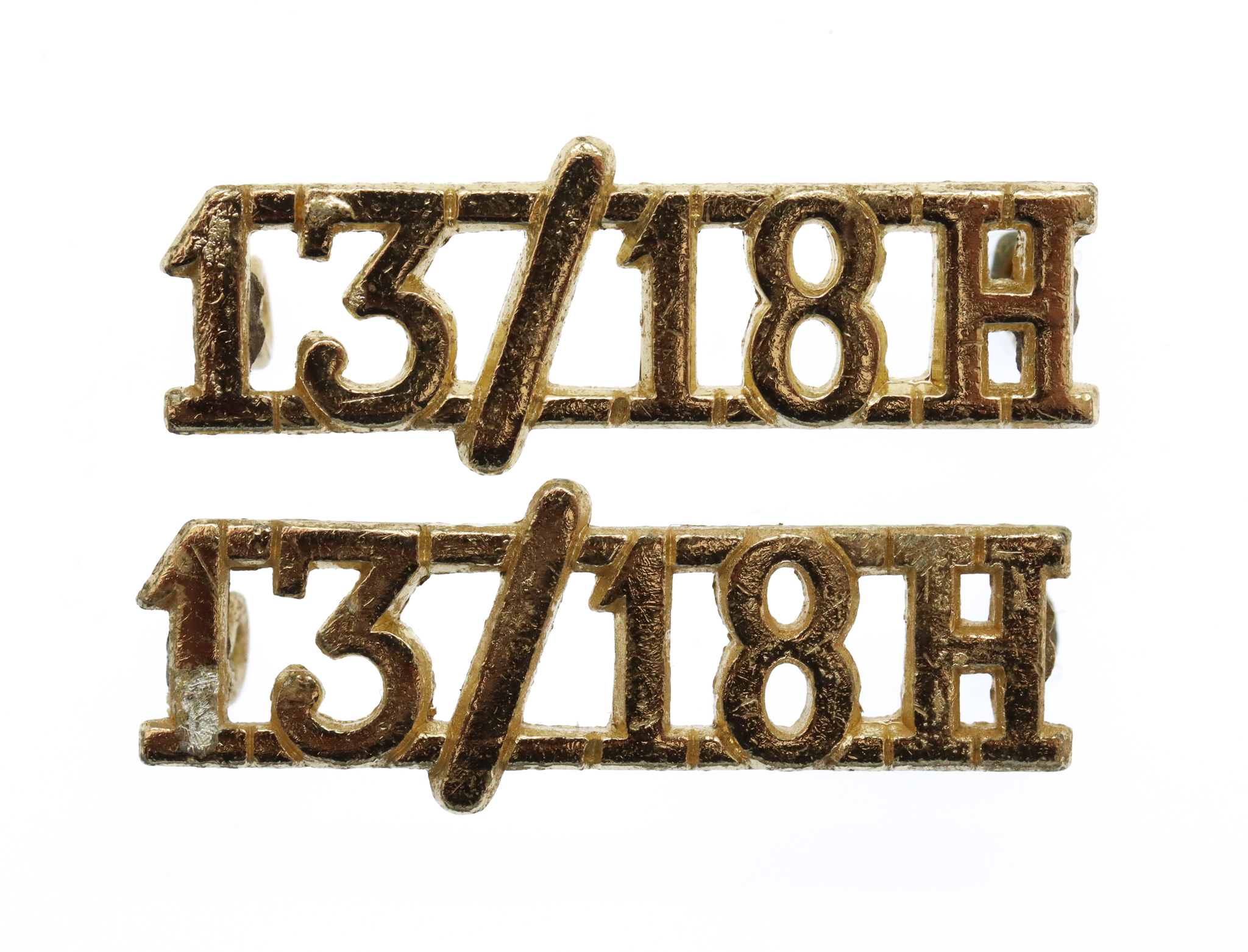 Pair of 13th/18th Hussars Anodised (Staybrite) Shoulder Titles