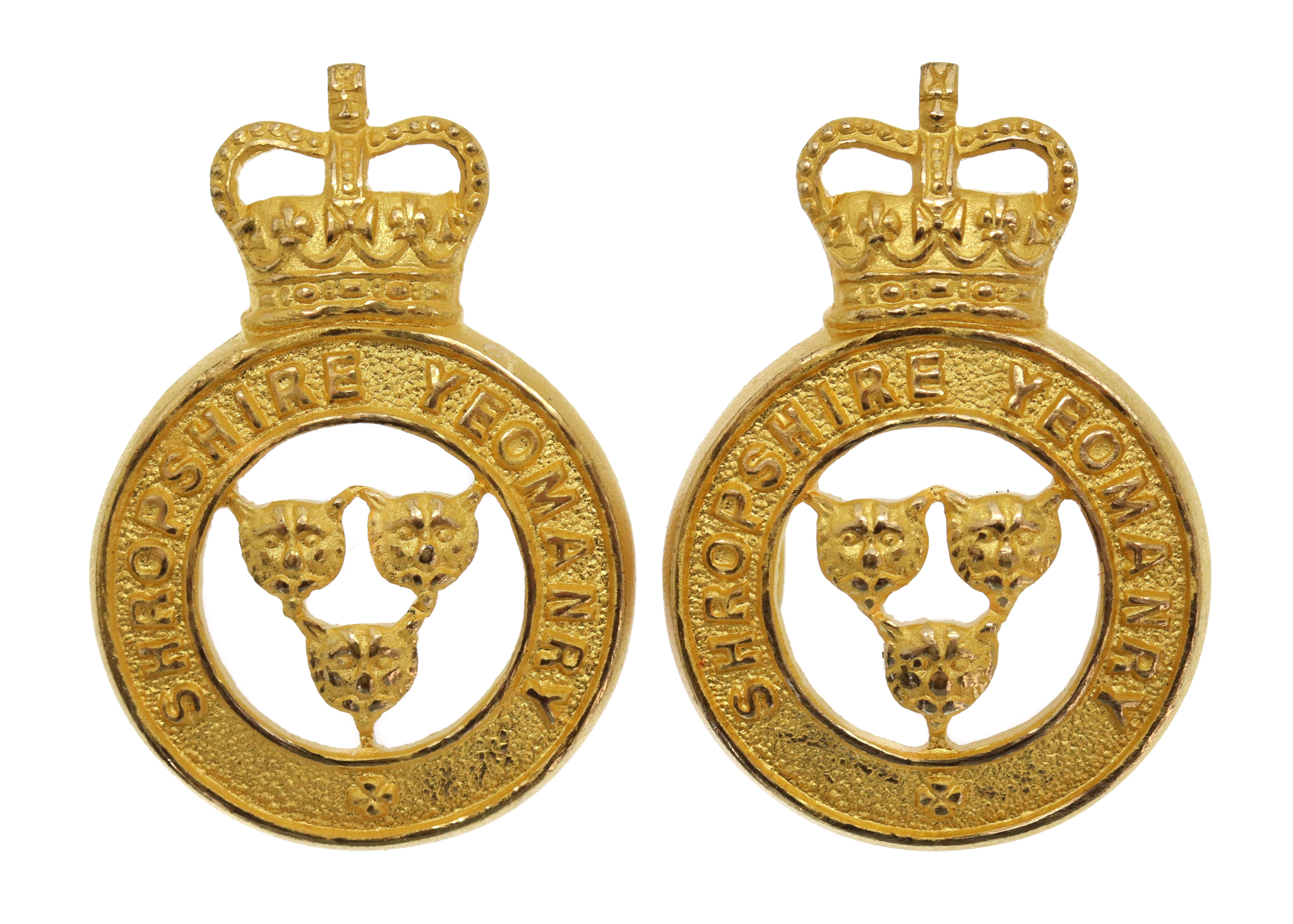 Pair of Shropshire Yeomanry Officer's Gilt Collar Badges - Queen's Crown