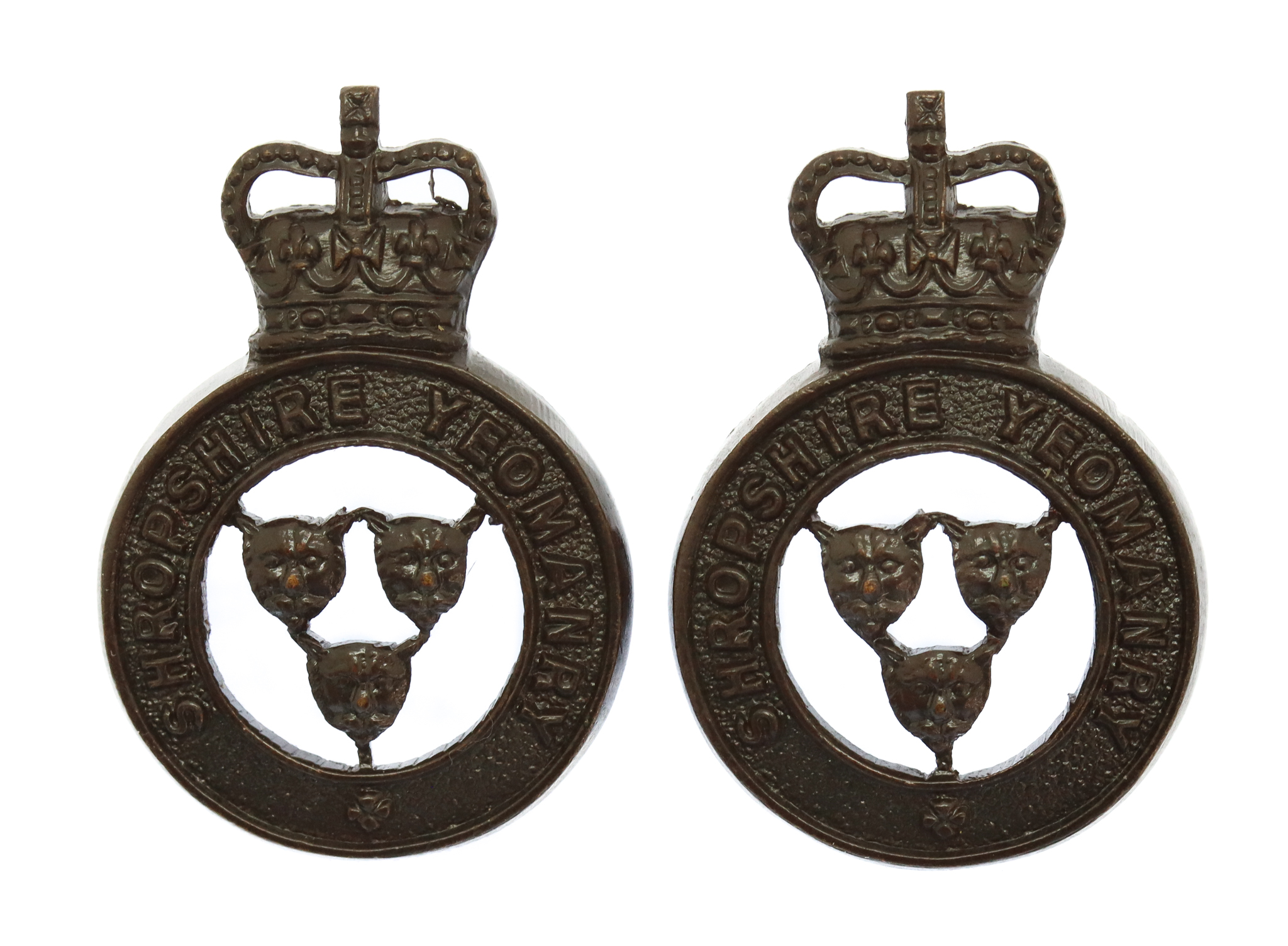 Pair of Shropshire Yeomanry Officer's Service Dress Collar Badges - Queen's Crown