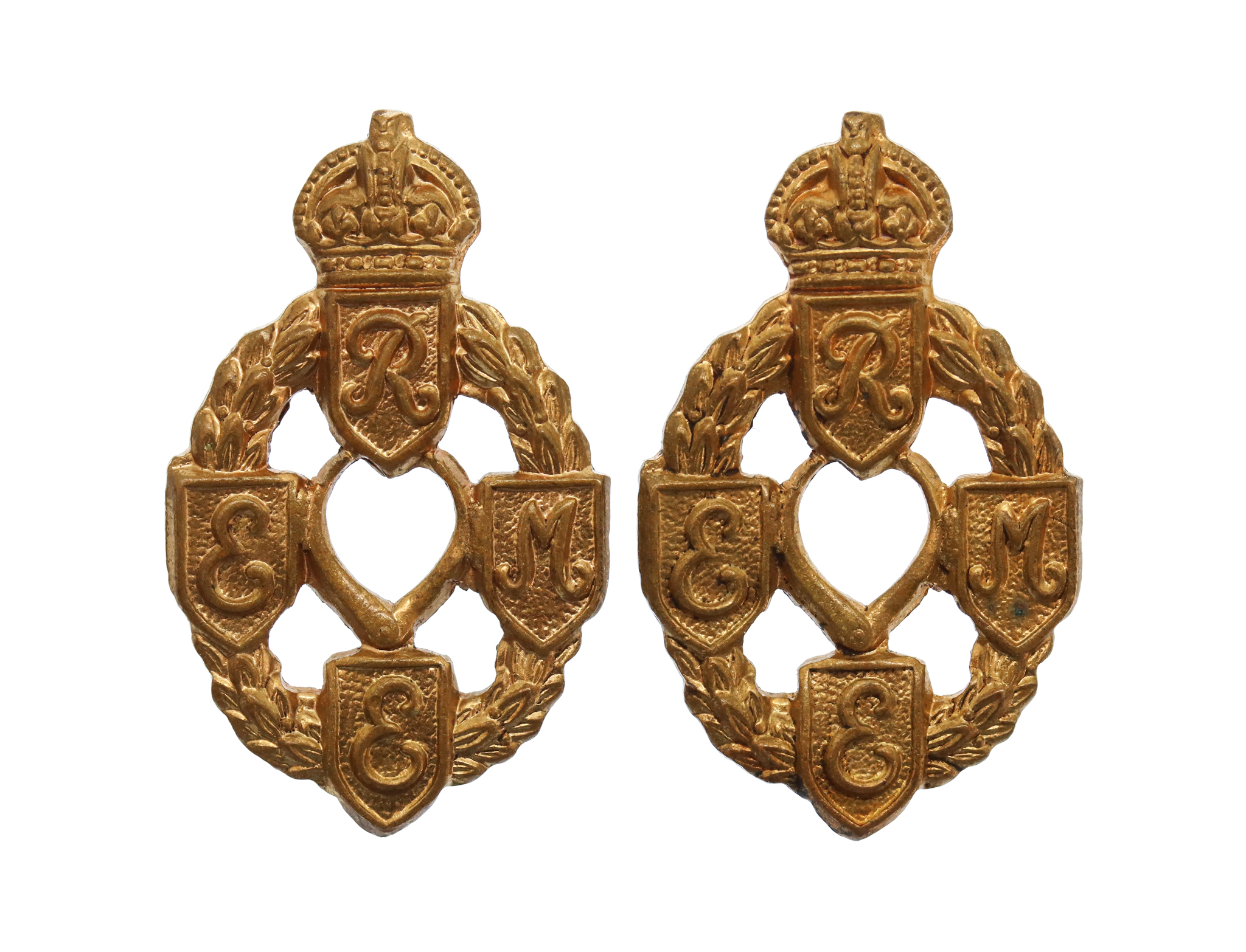 Pair of Royal Electrical & Mechanical Engineers (R.E.M.E.) Collar Badges - King's Crown (1st Pattern)