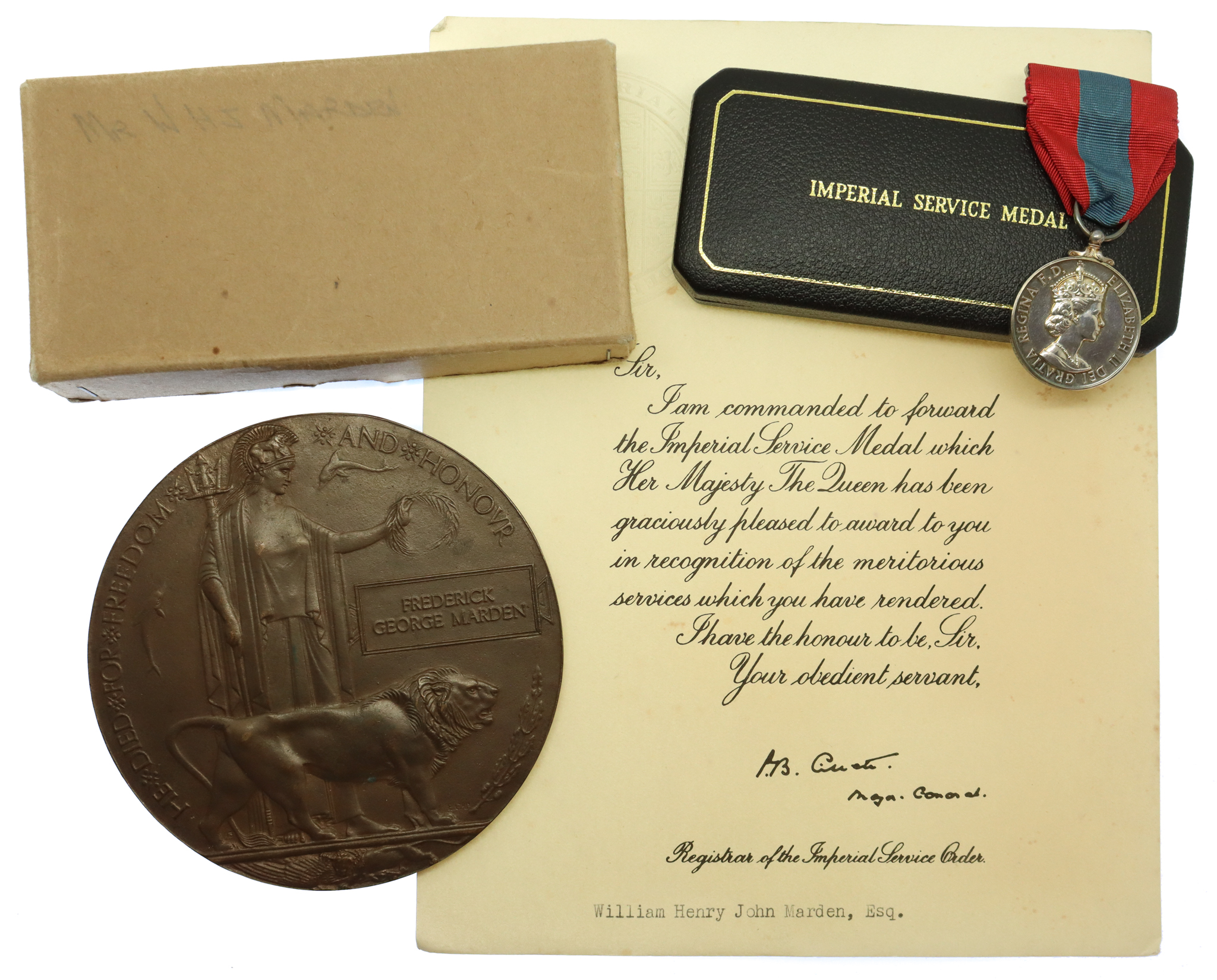WW1 Memorial Plaque and EIIR Imperial Medal to Father & Son - Pte. F.G. Marden, 5th Bn. Devonshire Regiment and Mr. W.H.J. Marden